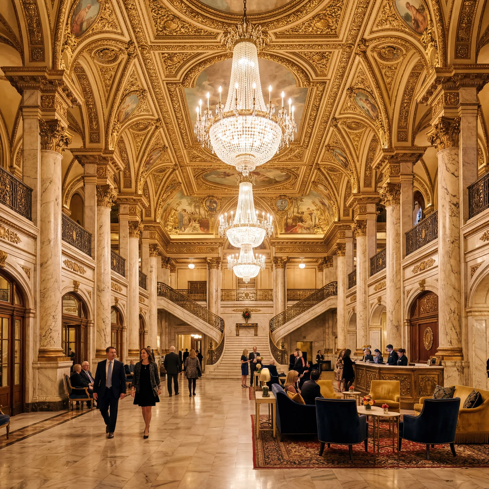 Opulent Beaux-Arts hotel lobby in Chicago with gilded ceiling murals, marble columns, and grand chandeliers, warm editorial travel photography, photorealistic, no text, no watermark, 16:9