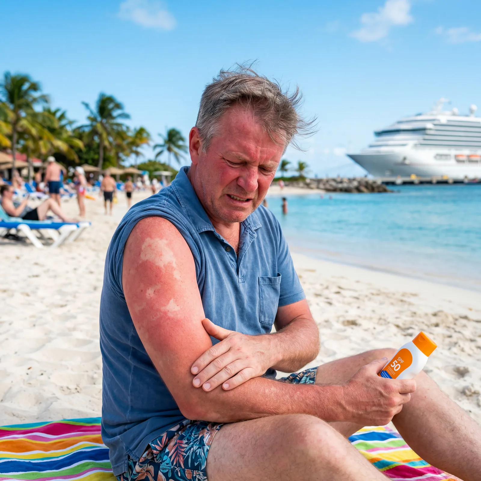 Sunburned cruise passenger holding their arm in pain on a bright Caribbean beach, red skin, sunscreen bottle in hand, photorealistic, editorial travel photography, no text, no watermark, 16:9