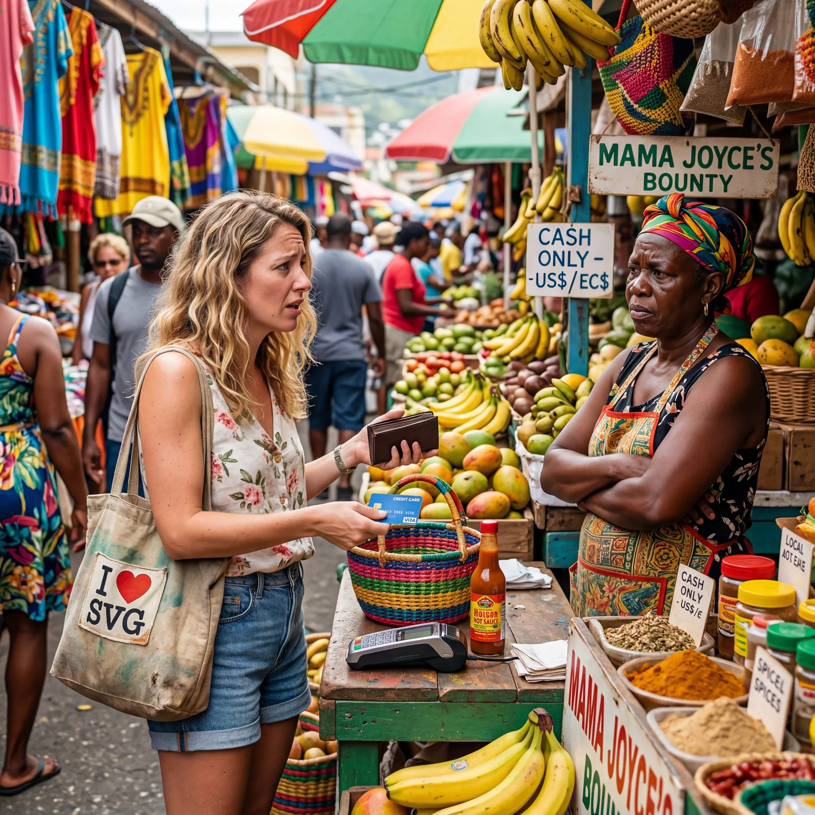 Tourist at a local market stall in a Caribbean port, struggling to pay without cash, vendor looking impatient, colorful market background, editorial travel photography, photorealistic, no text, no watermark, 16:9