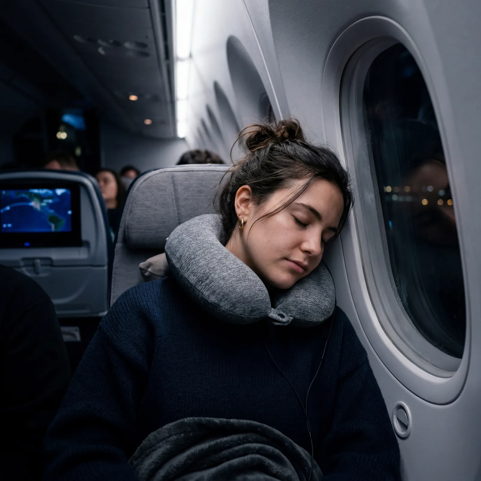 Traveler asleep against airplane window with memory foam neck pillow, soft travel pillow around neck, night flight, photorealistic, editorial travel photography, no text, no watermark, 16:9