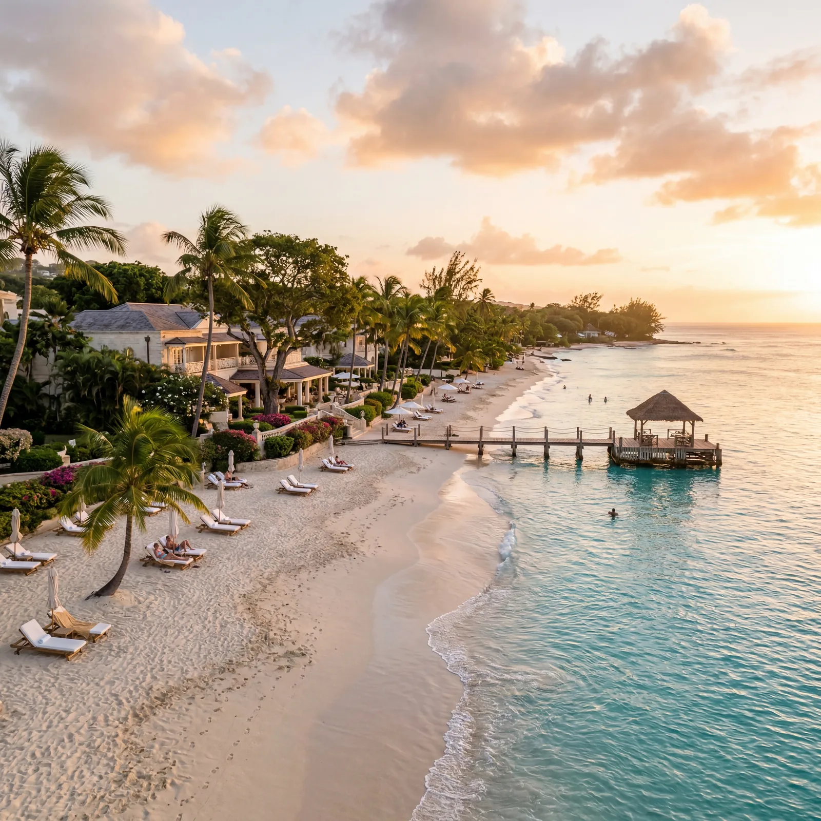 West coast beach in Barbados with calm turquoise water and upscale resort, photorealistic, warm editorial travel photography, golden hour, no text, no watermark, 16:9