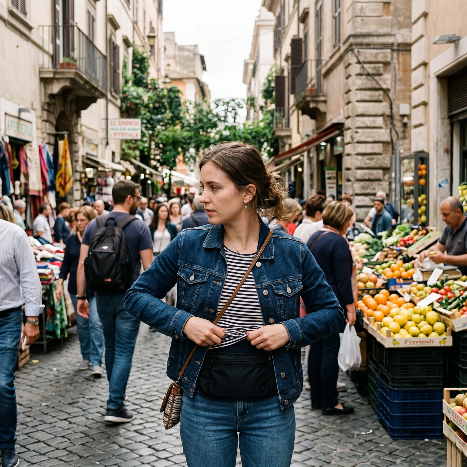 A person tucking a slim travel money belt under their shirt in a busy European market, street scene, photorealistic, no text, no watermark, 16:9
