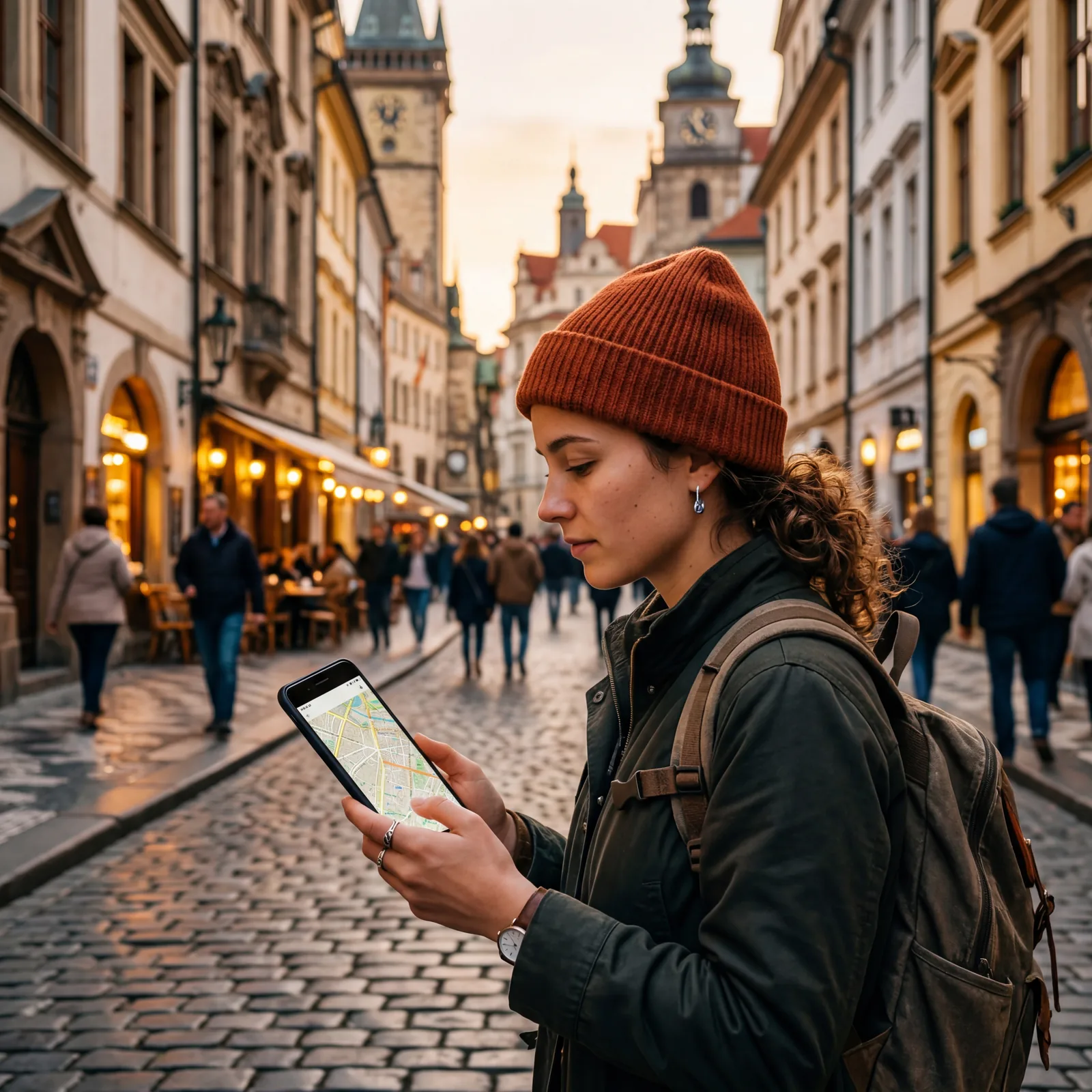 A traveler looking at an offline map on their phone with no signal bars shown, street scene in an unfamiliar foreign city behind them, photorealistic, warm travel photography, no text, no watermark, 16:9