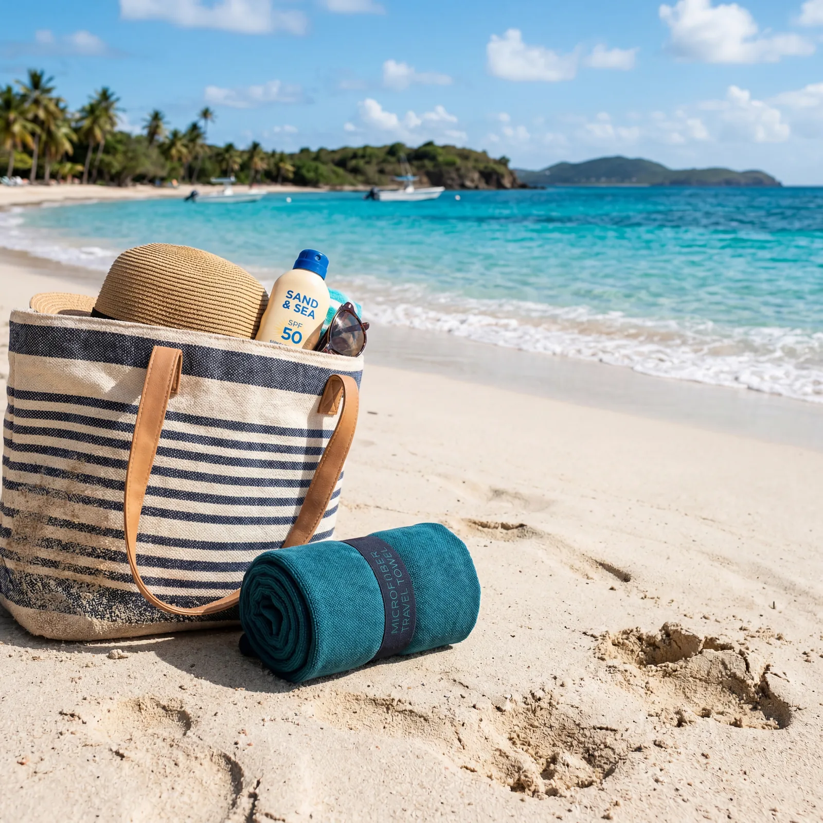 Compact rolled-up microfiber travel towel sitting beside a beach bag on tropical sand, clear blue water in background, photorealistic, no text, no watermark, 16:9