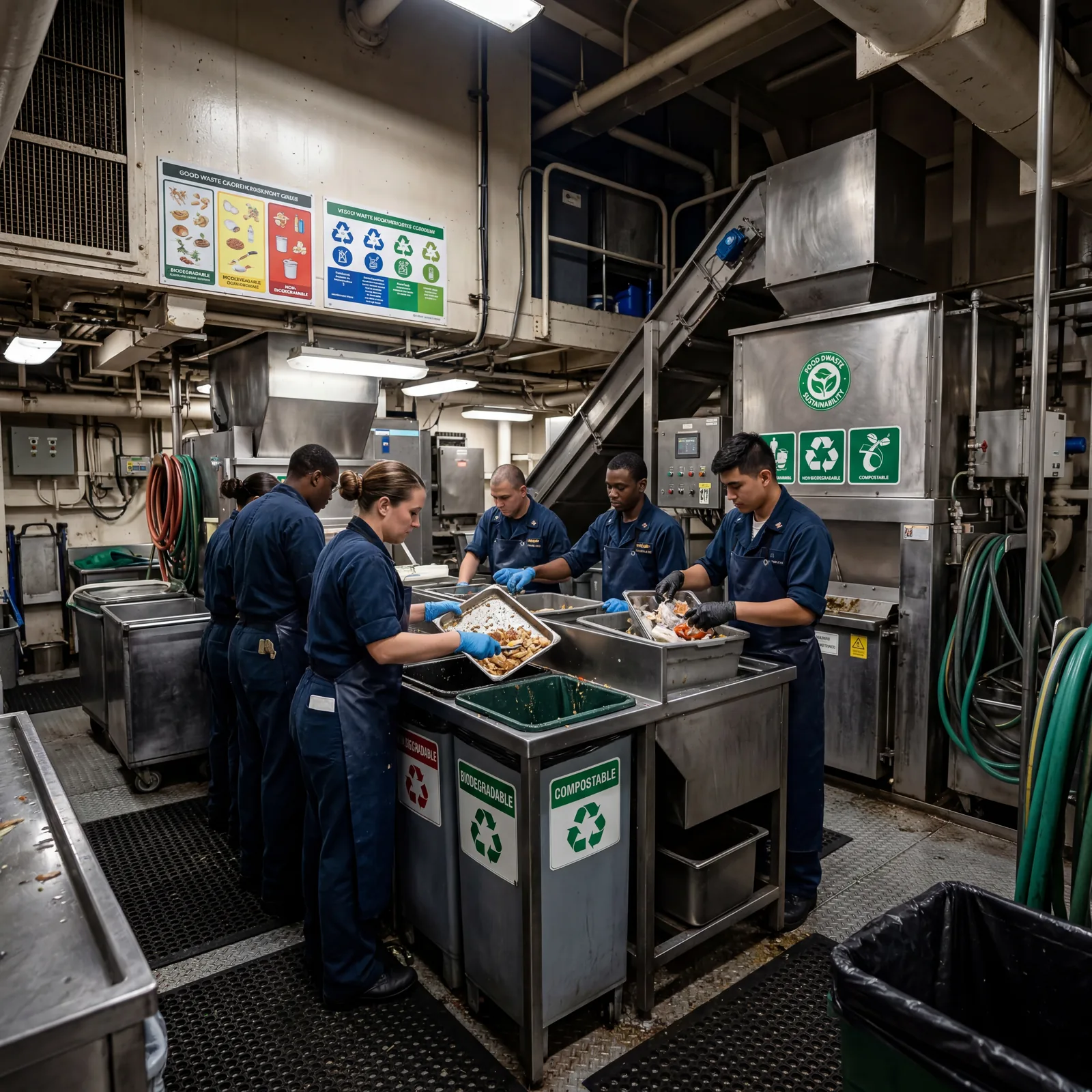 Cruise ship crew sorting food waste into industrial disposal systems below deck, sustainability signage, documentary style, photorealistic, no text, no watermark, 16:9