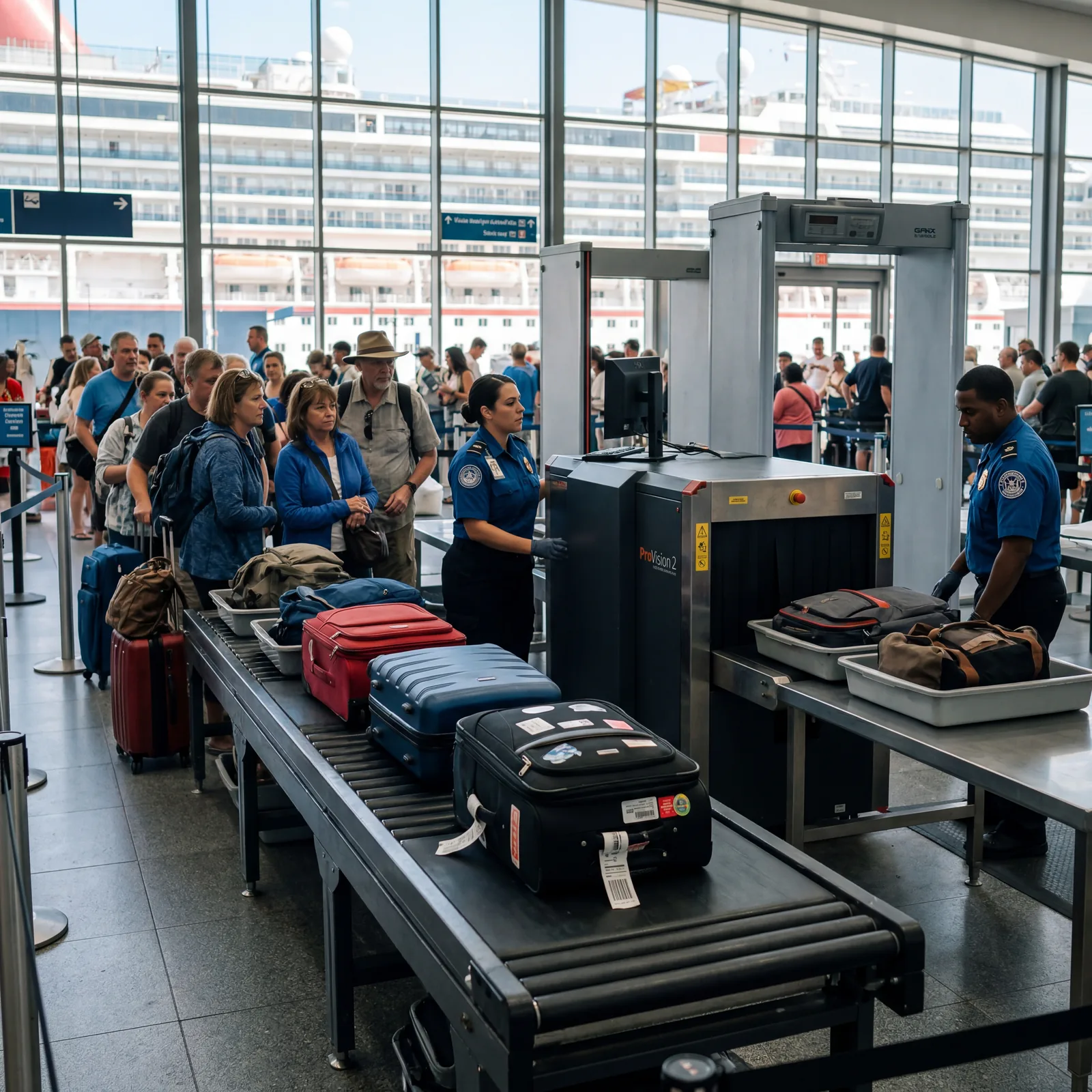 cruise ship security scanner at embarkation with bags on conveyor belt, realistic travel documentary photography, no text, no watermark, 16:9