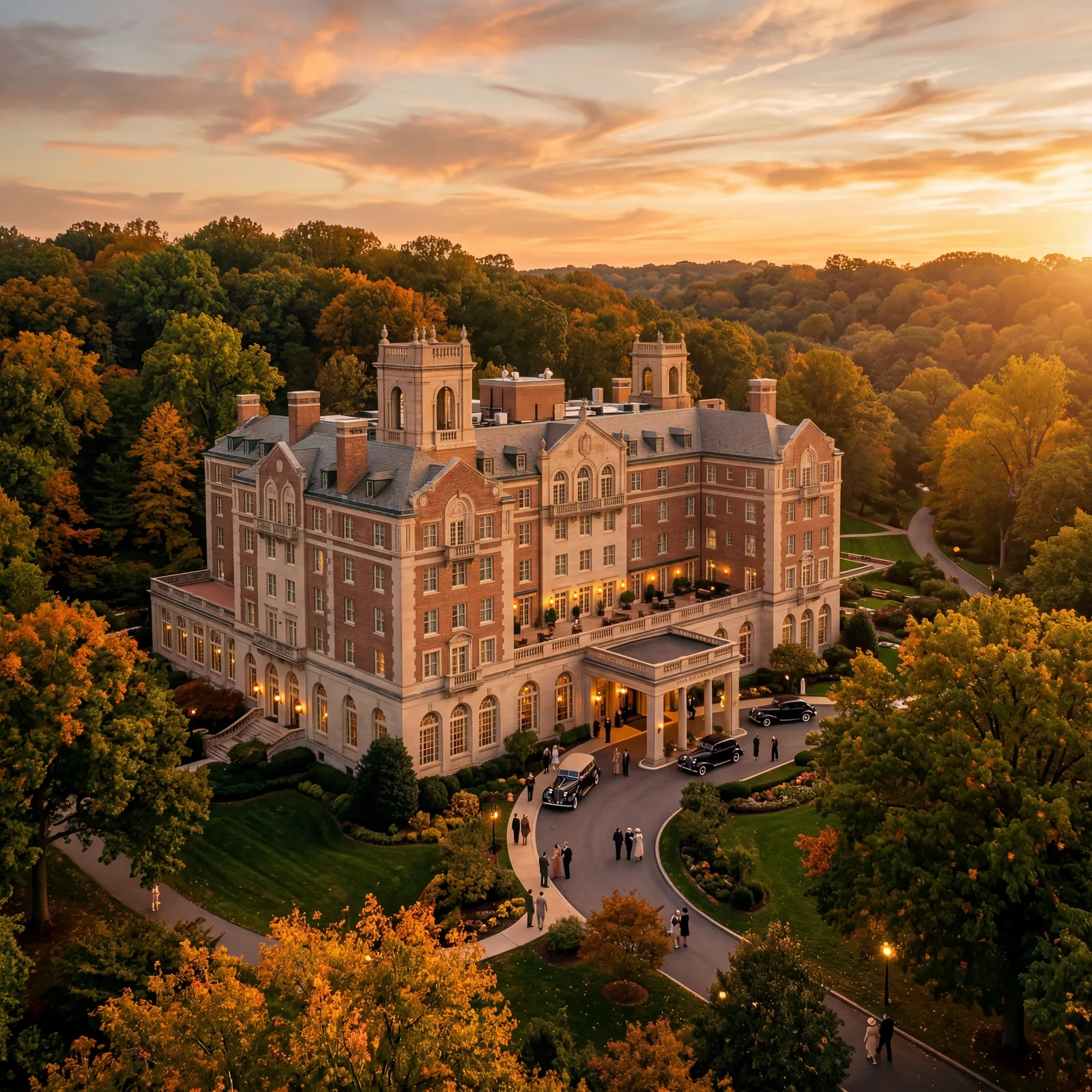 Elegant 1930s grand hotel exterior in Washington DC surrounded by Rock Creek Park with sunset light filtering through trees, warm editorial travel photography, photorealistic, no text, no watermark, 16:9