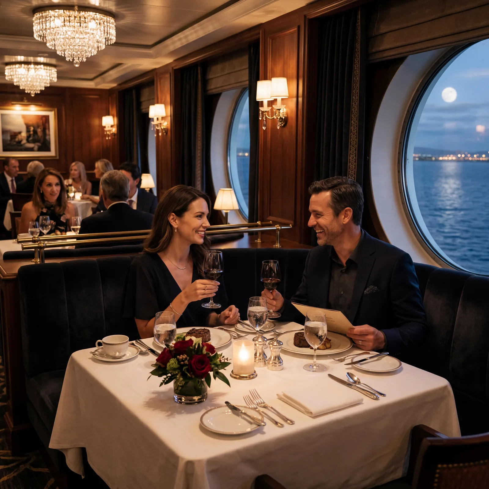 Elegant cruise ship specialty steakhouse restaurant, intimate lighting, white tablecloths, couple dining, upscale ambiance, editorial travel photography, photorealistic, no text, no watermark, 16:9