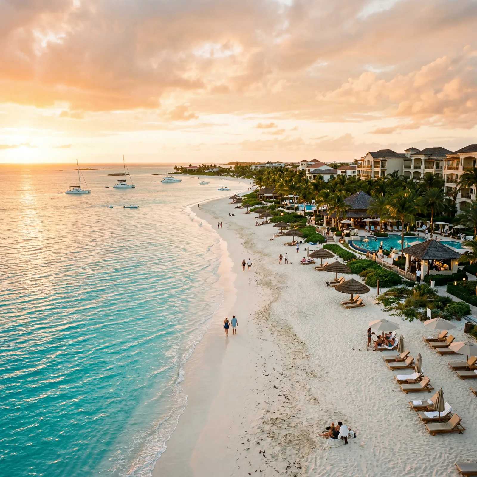 Grace Bay Beach Turks and Caicos with pristine white sand and turquoise water, luxury resort in background, photorealistic, warm editorial travel photography, golden hour, no text, no watermark, 16:9