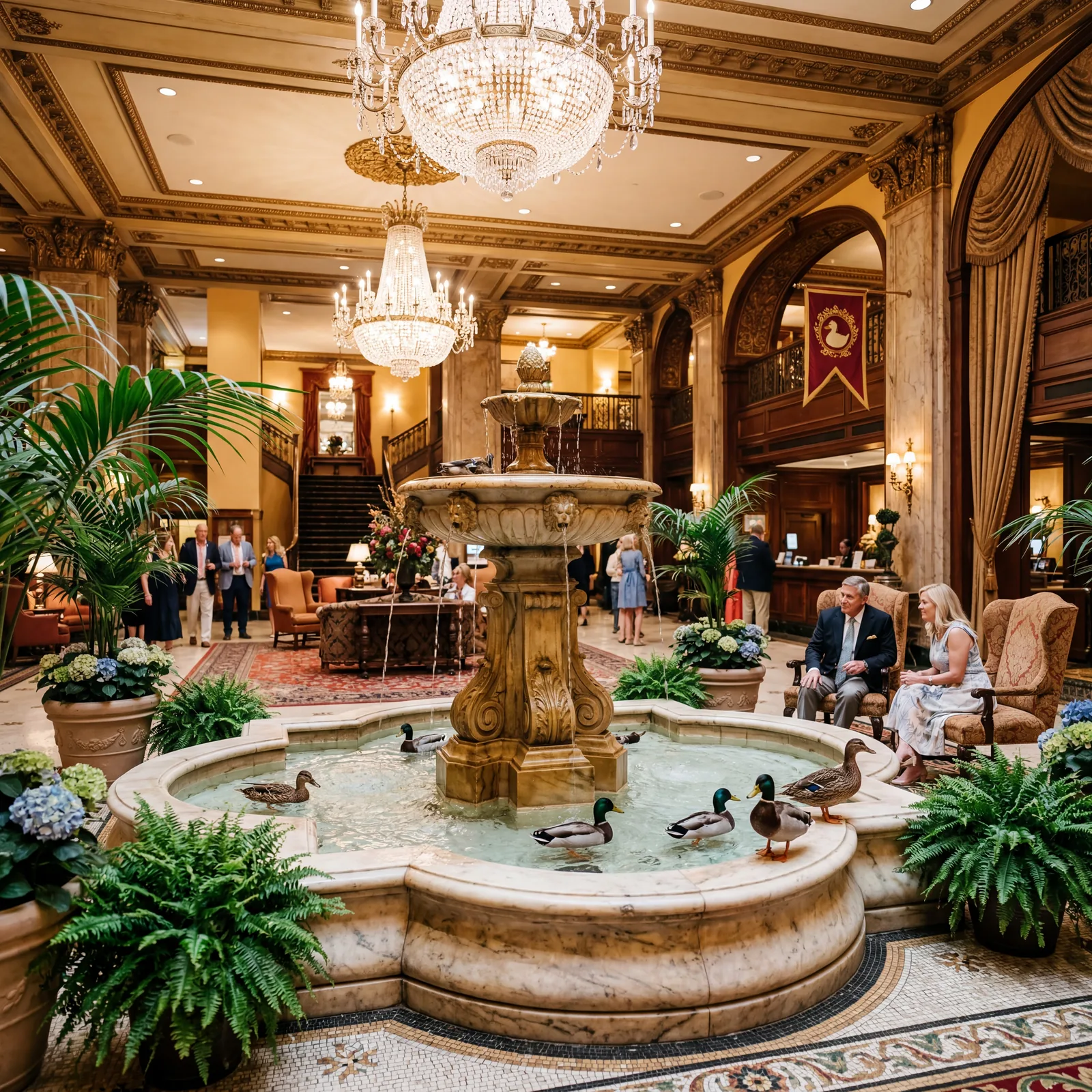 Grand hotel lobby in Memphis Tennessee with a marble fountain surrounded by live ducks, Southern elegance, warm editorial travel photography, photorealistic, no text, no watermark, 16:9