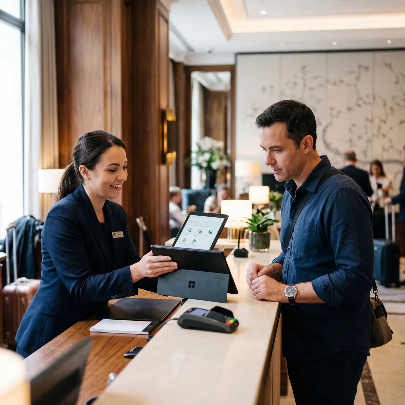 Hotel front desk close-up, staff member presenting tablet to guest, guest expression neutral and attentive, editorial travel photography, photorealistic, no text, no watermark, 16:9