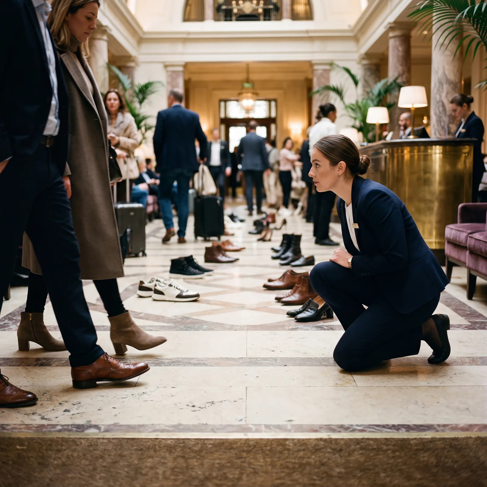 Hotel lobby floor level, variety of guest shoes being noticed by observant staff, upscale hotel interior, warm editorial travel photography, photorealistic, no text, no watermark, 16:9