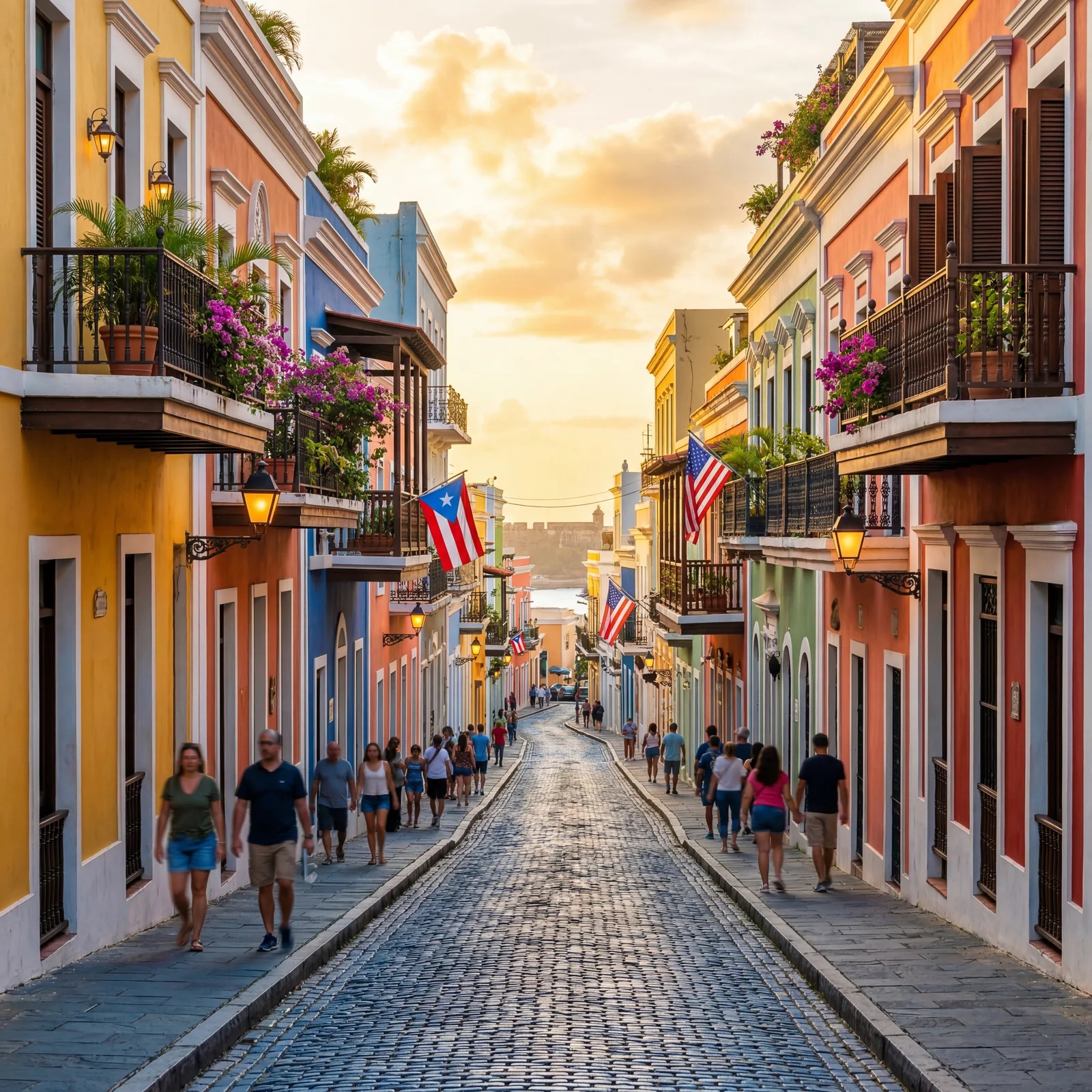 Old San Juan Puerto Rico colorful colonial buildings street view, golden hour photography, photorealistic, no text, no watermark, 16:9