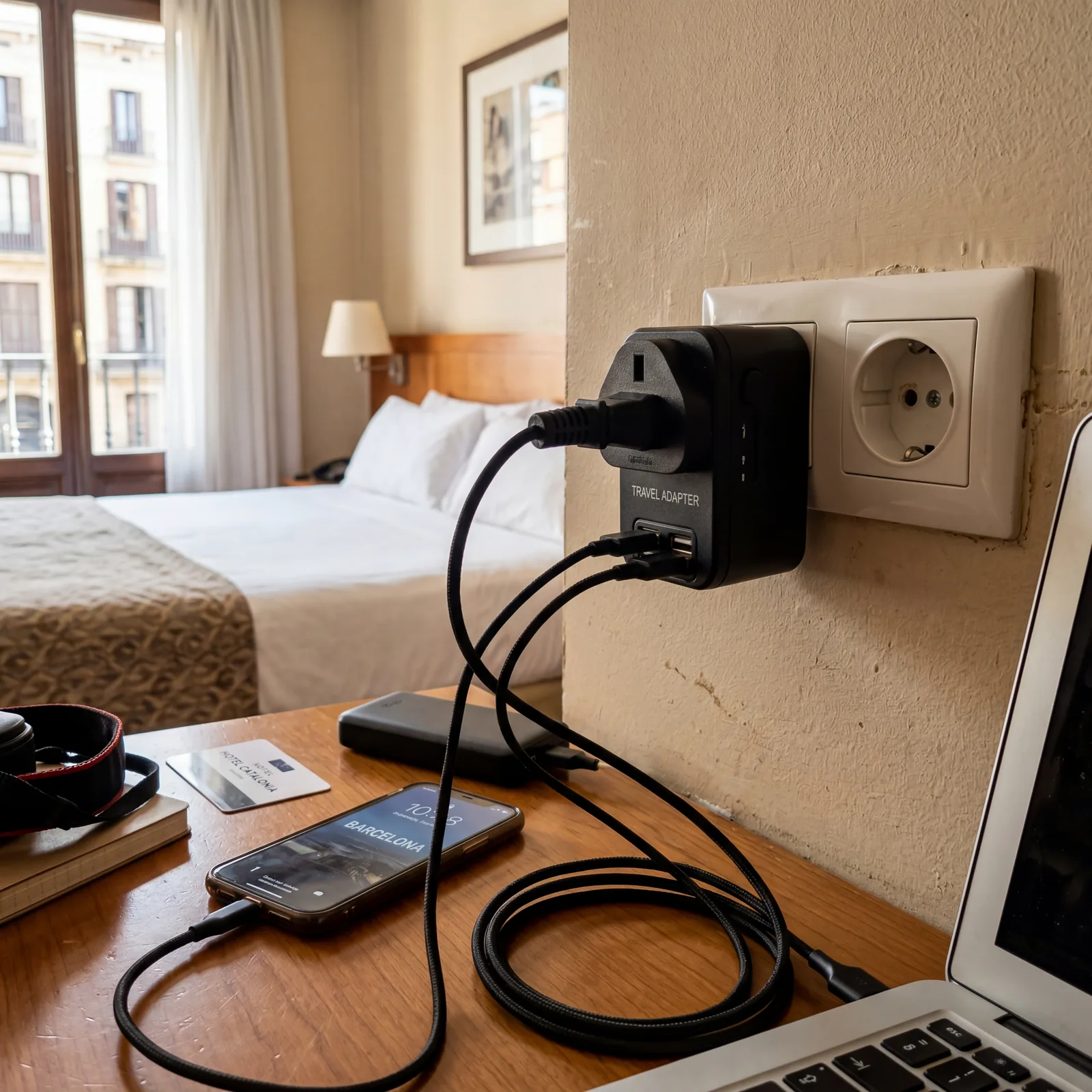 Universal travel adapter with multiple plugs and USB ports plugged into a European wall socket in a hotel room, photorealistic, editorial travel photography, no text, no watermark, 16:9
