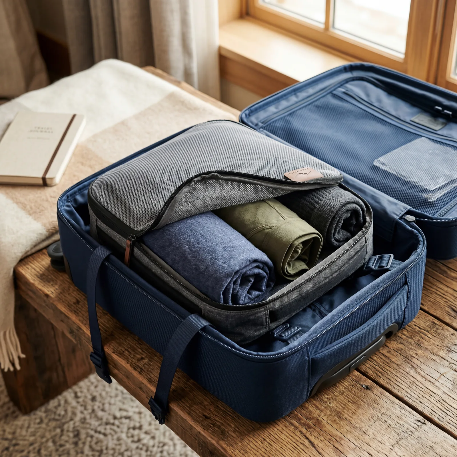 A neatly folded outfit consisting of a t-shirt, underwear, and socks rolled inside a packing cube in a carry-on bag, photorealistic, warm editorial photography, no text, no watermark, 16:9