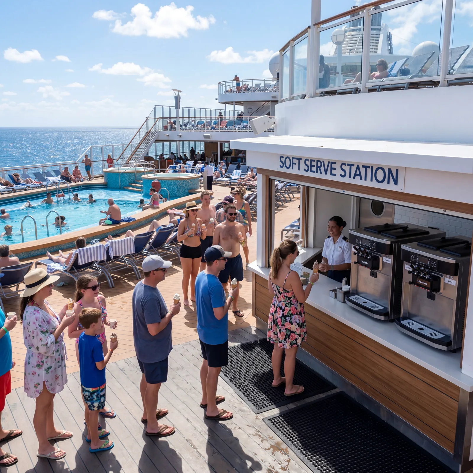 Cruise ship ice cream station with soft serve machines, passengers lining up on a sunny pool deck, photorealistic, no text, no watermark, 16:9