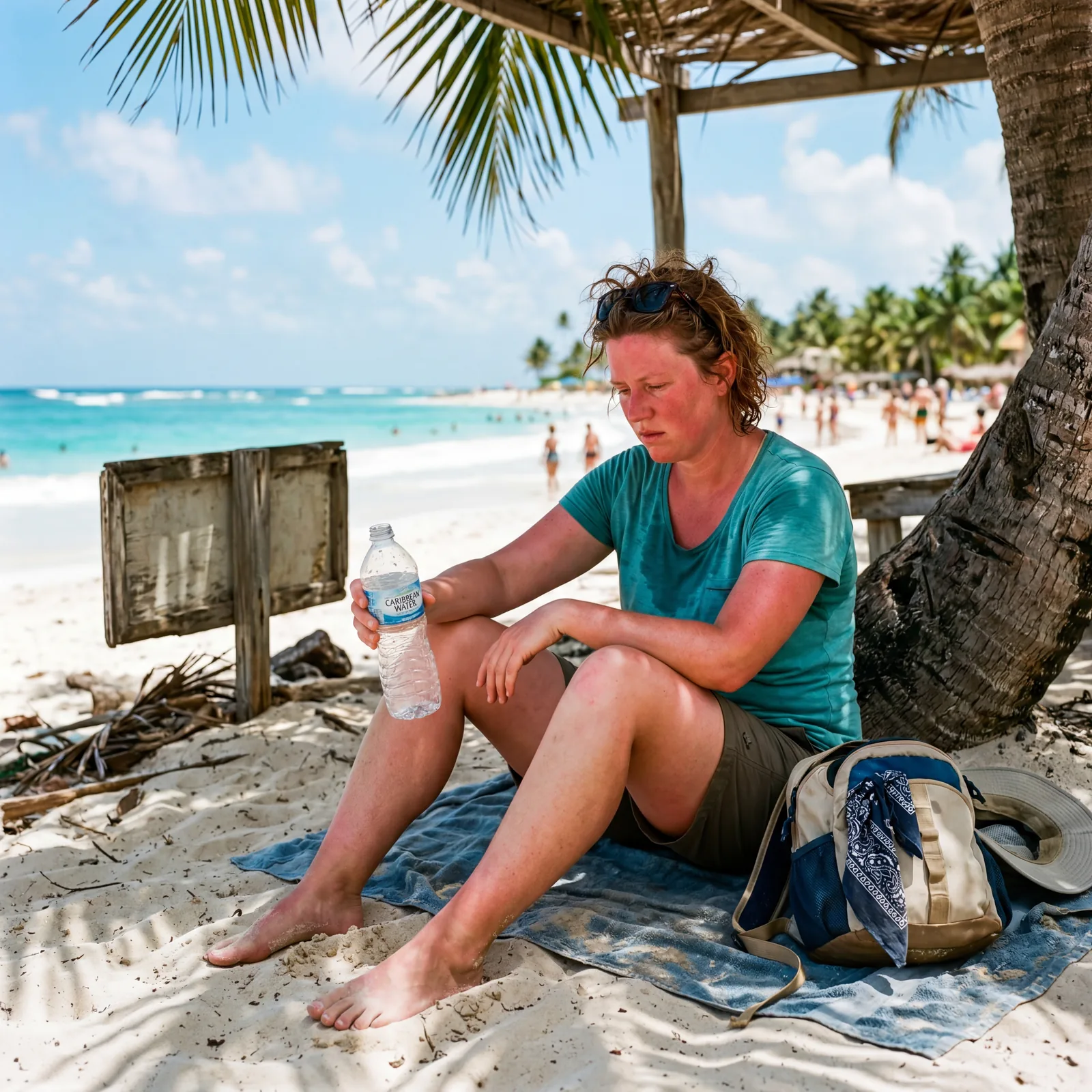 Dehydrated tourist sitting in the shade at a hot Caribbean beach, empty water bottle, visibly tired and red-faced, editorial travel photography, photorealistic, no text, no watermark, 16:9