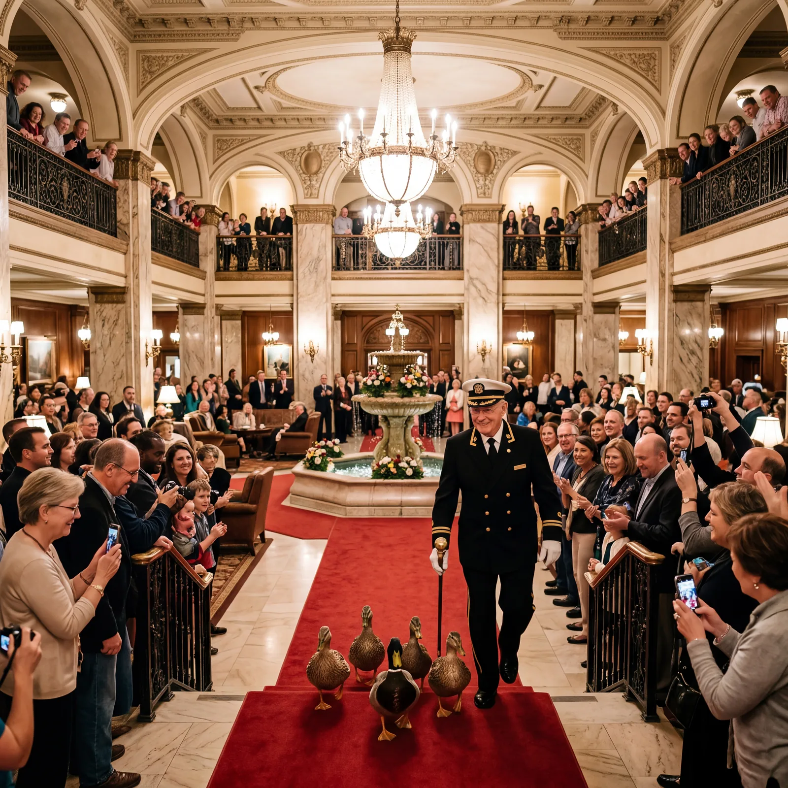 Famous duck march at the Peabody Hotel Memphis Tennessee with grand marble lobby and excited onlookers, warm editorial travel photography, photorealistic, no text, no watermark, 16:9