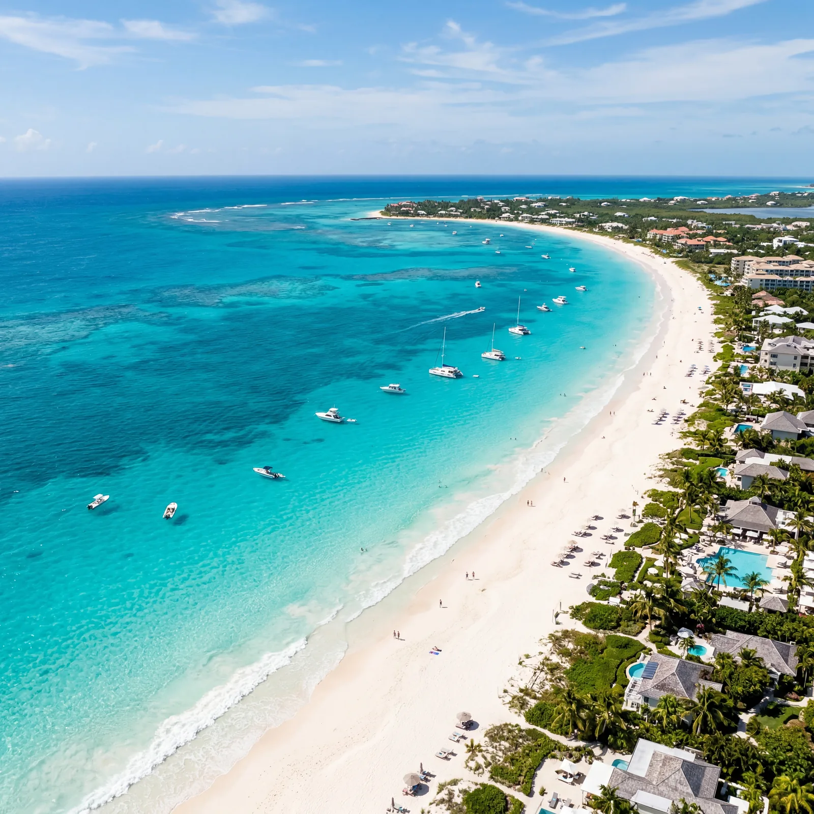 Grace Bay Beach Turks and Caicos pristine turquoise water and white sand, aerial perspective, photorealistic, no text, no watermark, 16:9
