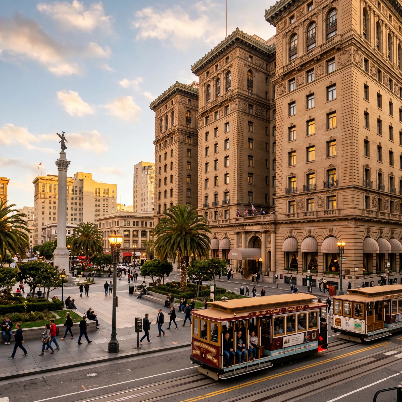 Grand hotel facade on Union Square in San Francisco, ornate beaux arts stone exterior, cable cars passing in foreground, warm editorial travel photography, golden hour, photorealistic, no text, no watermark, 16:9