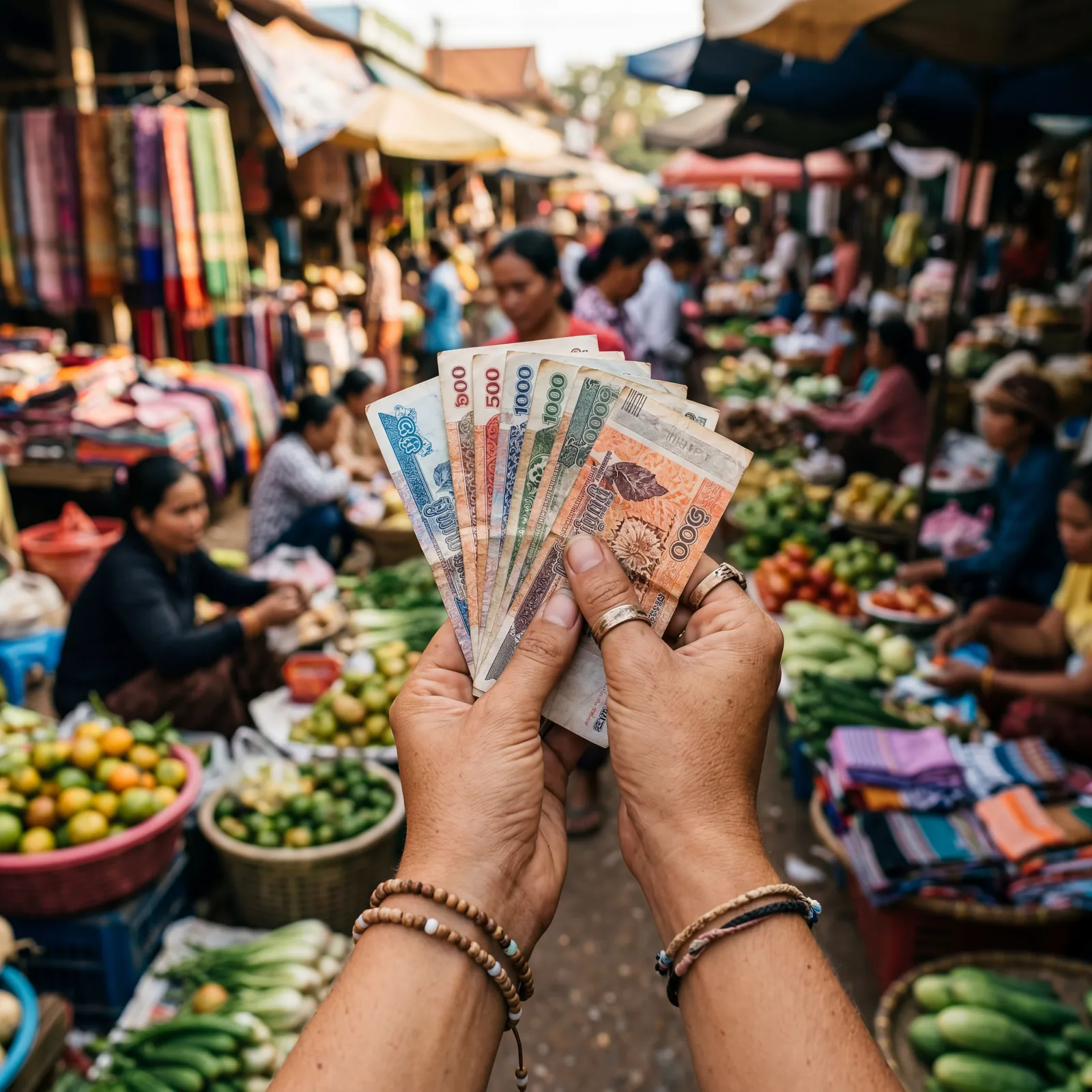 Hand holding a small stack of colorful local currency bills including small denominations, local market in background, warm editorial travel photography, photorealistic, no text, no watermark, 16:9