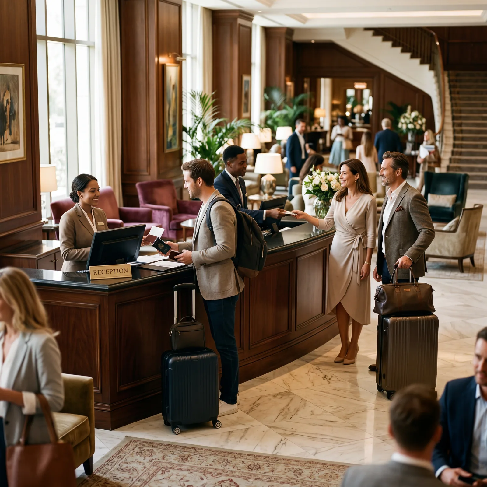 Hotel lobby, solo traveler vs couple arriving at check-in, comparing service interactions, upscale hotel interior, warm editorial travel photography, photorealistic, no text, no watermark, 16:9