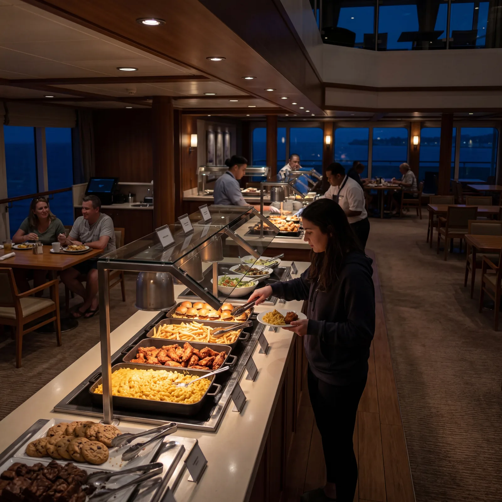 Late-night cruise ship buffet in operation, small selection of comfort foods, low lighting, few passengers, informal atmosphere, photorealistic, no text, no watermark, 16:9