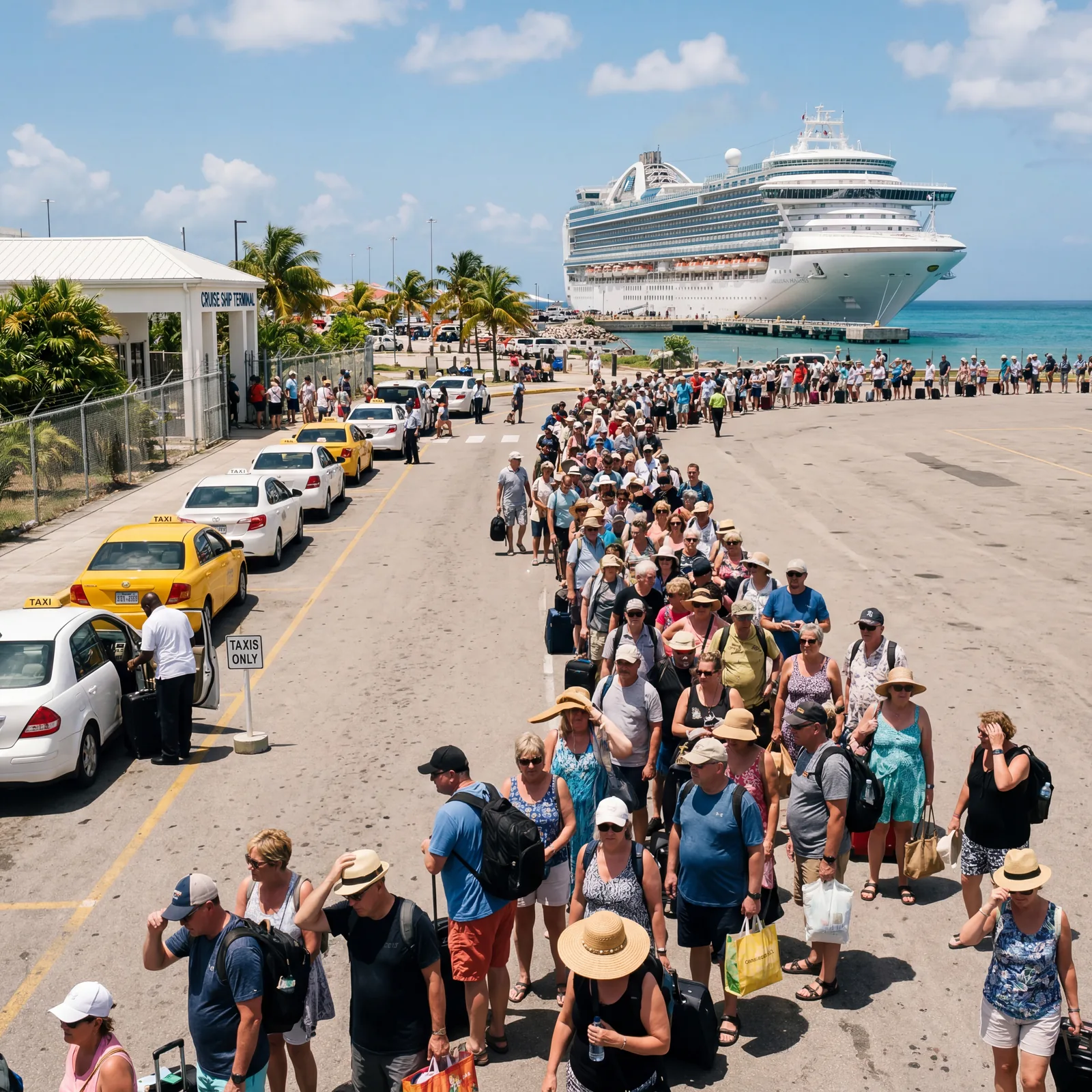 Long line of cruise tourists waiting for taxis outside a Caribbean cruise port gate in full sun, no shade, photorealistic, editorial travel photography, no text, no watermark, 16:9