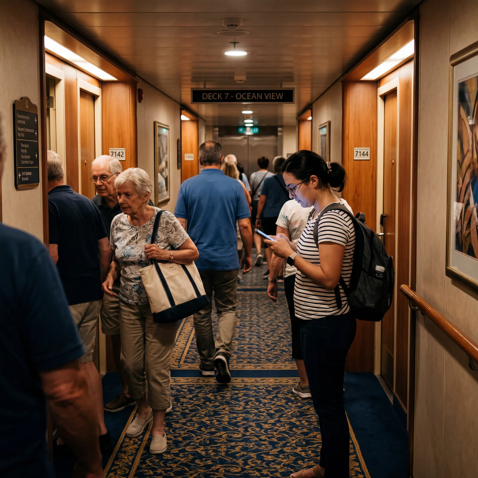 Narrow cruise ship corridor with tourist stopped in the middle looking at phone, other passengers navigating around them, candid travel photography, photorealistic, no text, no watermark, 16:9