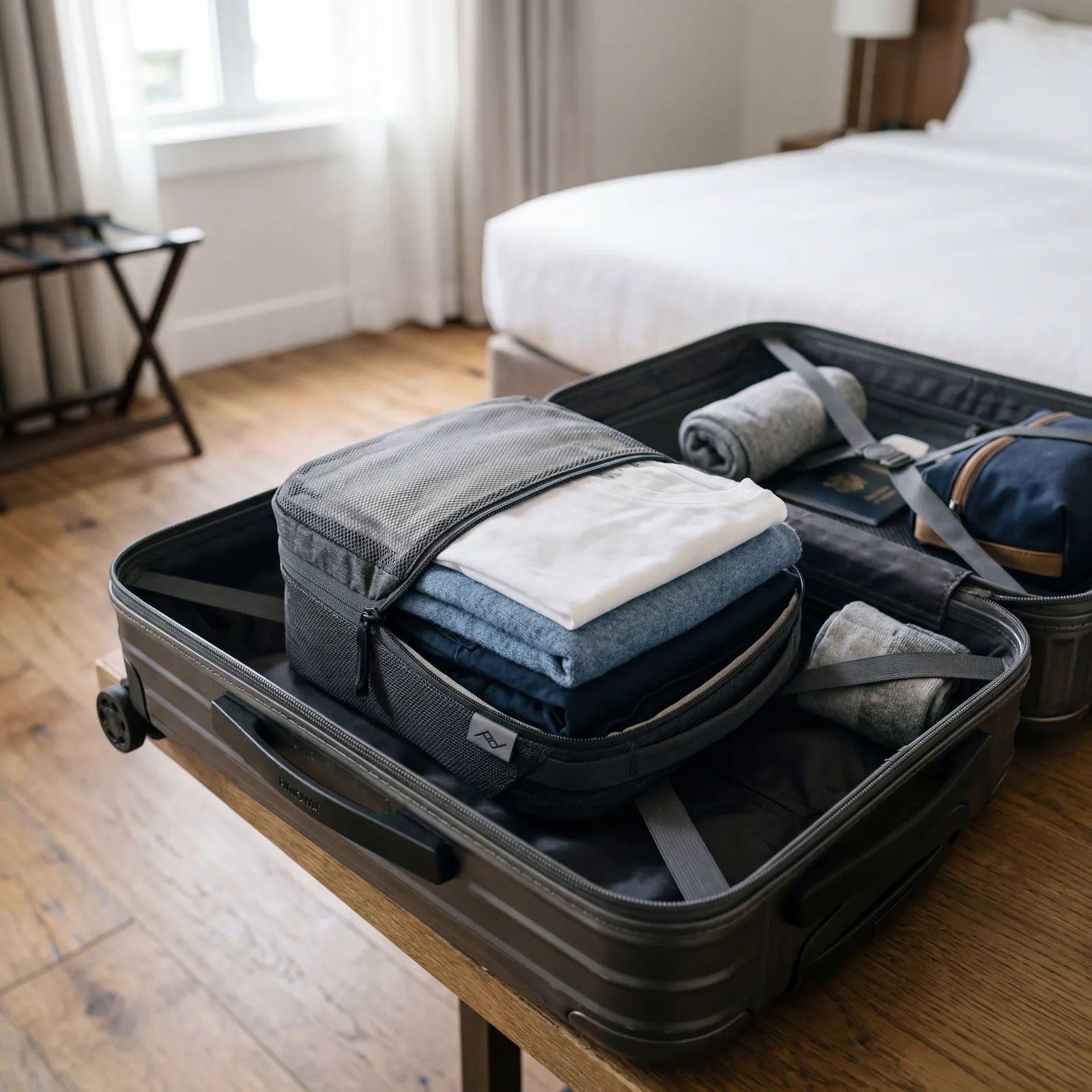 Neatly folded change of clothes packed into a small packing cube inside a carry-on bag, fresh clean outfit ready, photorealistic, editorial travel photography, no text, no watermark, 16:9