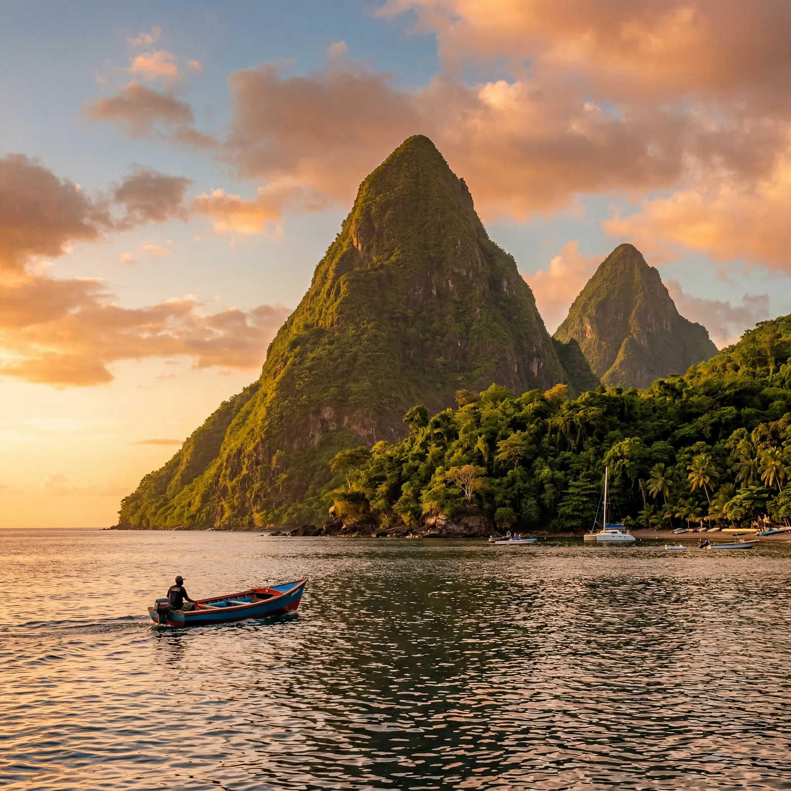 Piton mountains in St Lucia seen from water at golden hour, lush green jungle, photorealistic, warm editorial travel photography, no text, no watermark, 16:9