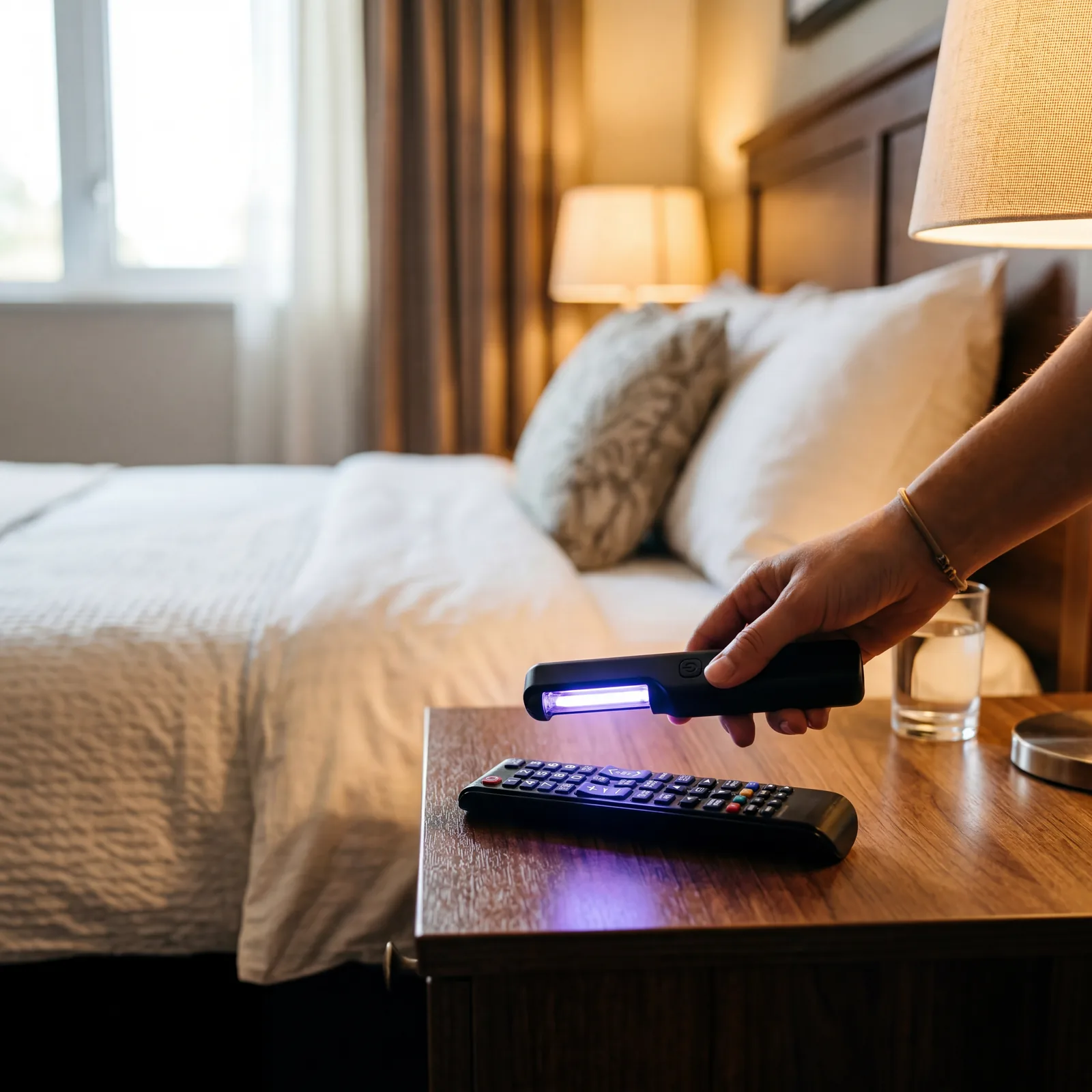 A compact UV sterilizer wand being used on a hotel TV remote, hotel room setting, warm light, photorealistic, no text, no watermark, 16:9