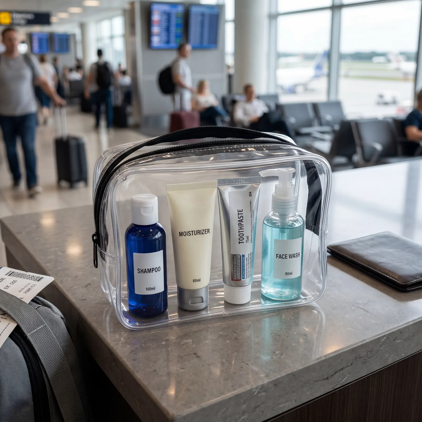 Clear TSA toiletry bag with travel-size bottles of shampoo, moisturizer, toothpaste, and face wash laid out on airport lounge counter, photorealistic, editorial travel photography, no text, no watermark, 16:9
