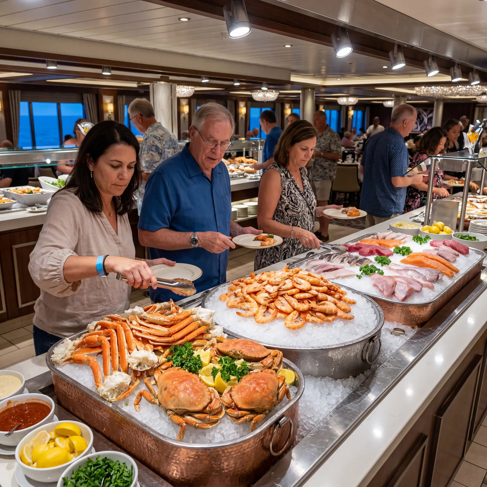Cruise ship seafood display at buffet, shrimp, crab, and fish on ice, passengers examining options, bright lighting, photorealistic, no text, no watermark, 16:9