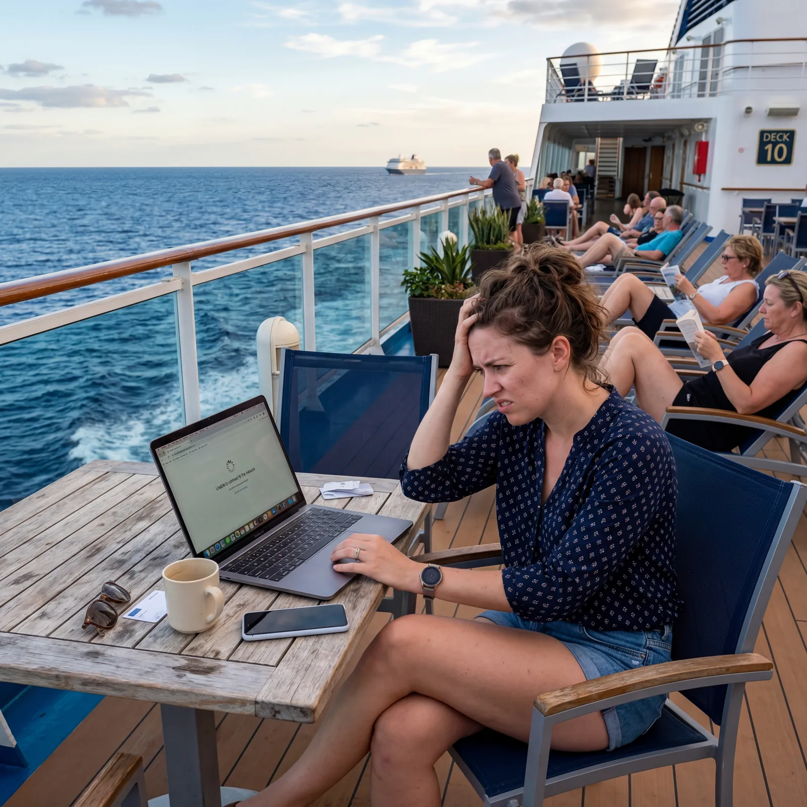 Frustrated cruise passenger trying to use laptop or phone with poor wifi connection on cruise ship deck, travel photography, photorealistic, no text, no watermark, 16:9