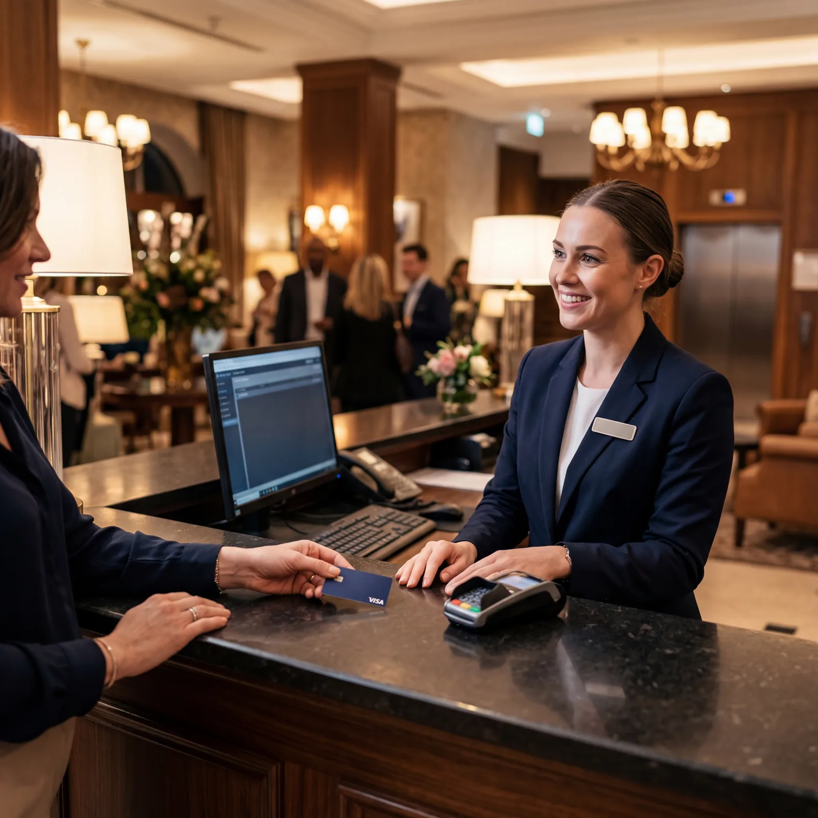 Hotel front desk, hand placing credit card on counter, staff member professional and attentive, warm hotel lobby lighting, photorealistic, no text, no watermark, 16:9