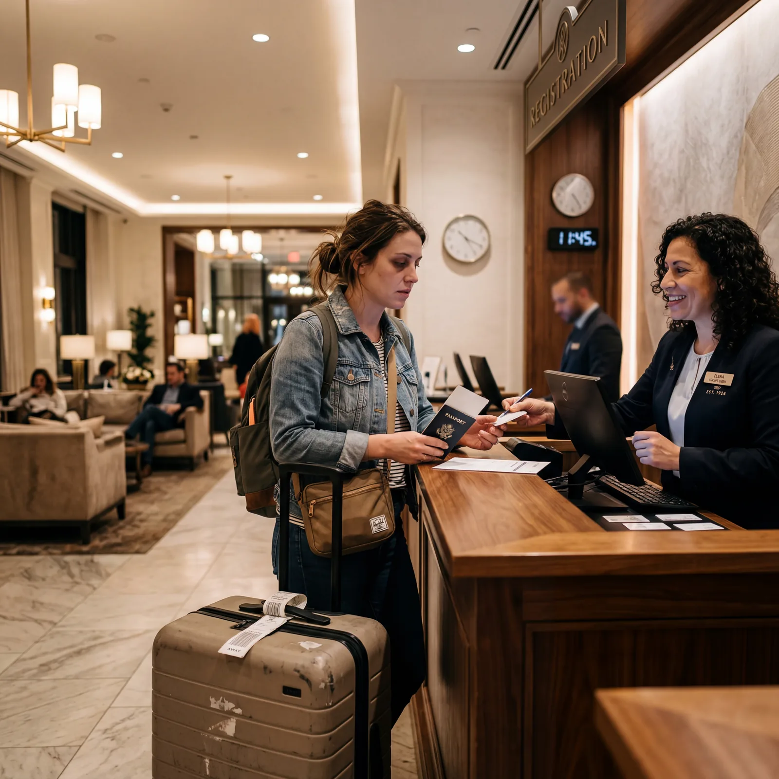 Hotel lobby, visibly tired American traveler with dark circles, patient hotel staff at front desk ready to help, warm editorial travel photography, photorealistic, no text, no watermark, 16:9