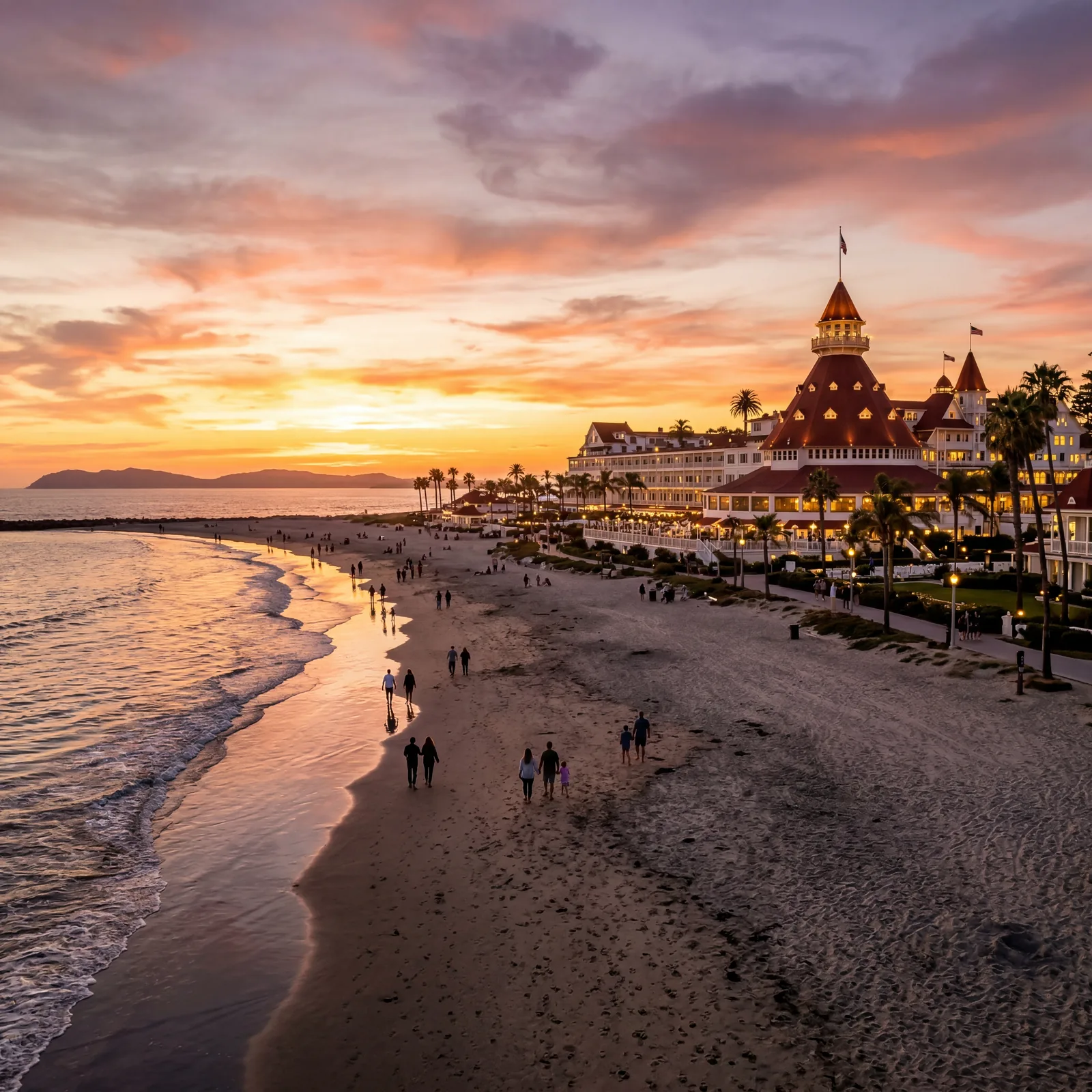 Iconic red-turreted Victorian beachfront Hotel del Coronado on Coronado Island at Pacific sunset, warm editorial travel photography, golden hour, photorealistic, no text, no watermark, 16:9