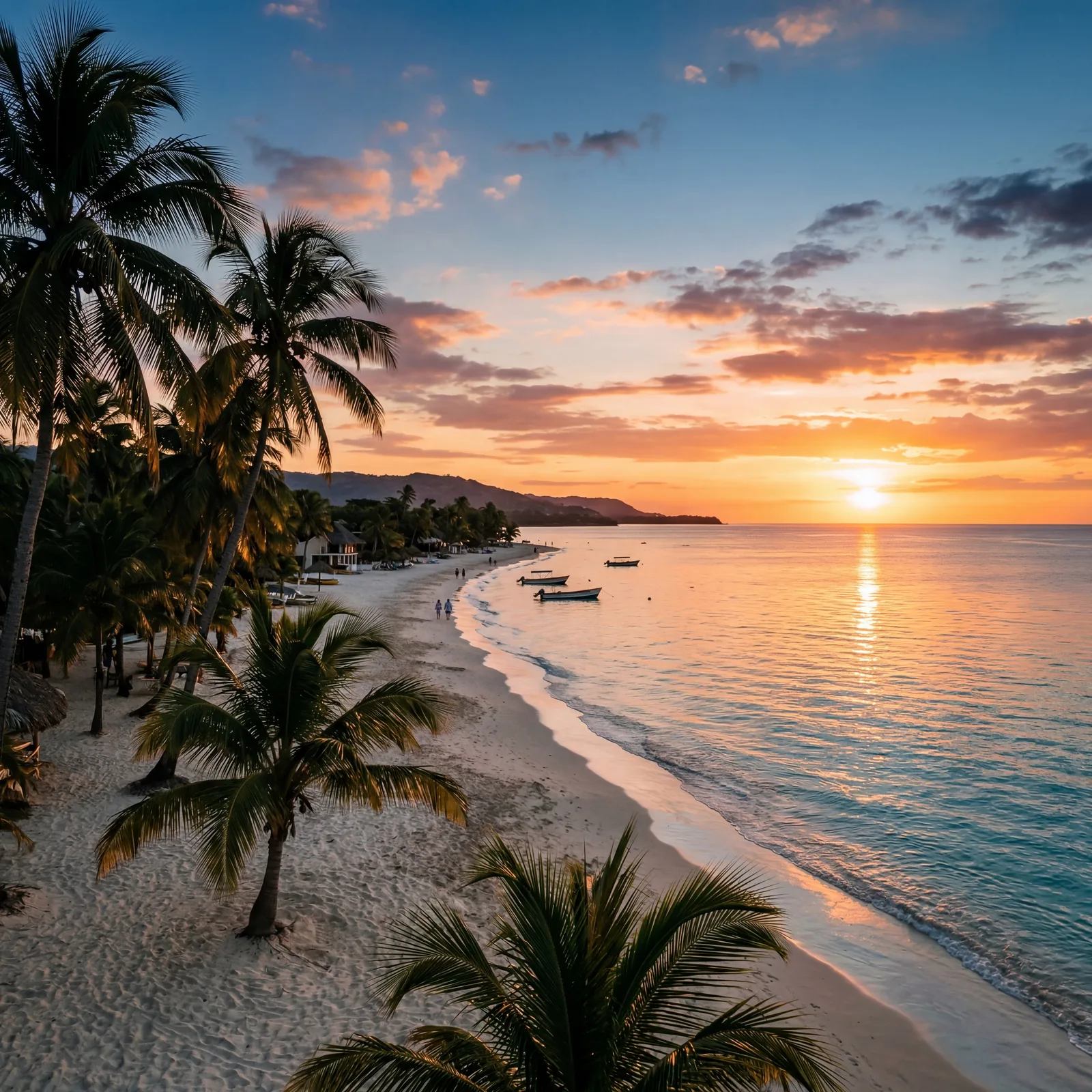 Negril Jamaica Seven Mile Beach at sunset with palm trees, warm colors, photorealistic, warm editorial travel photography, golden hour, no text, no watermark, 16:9