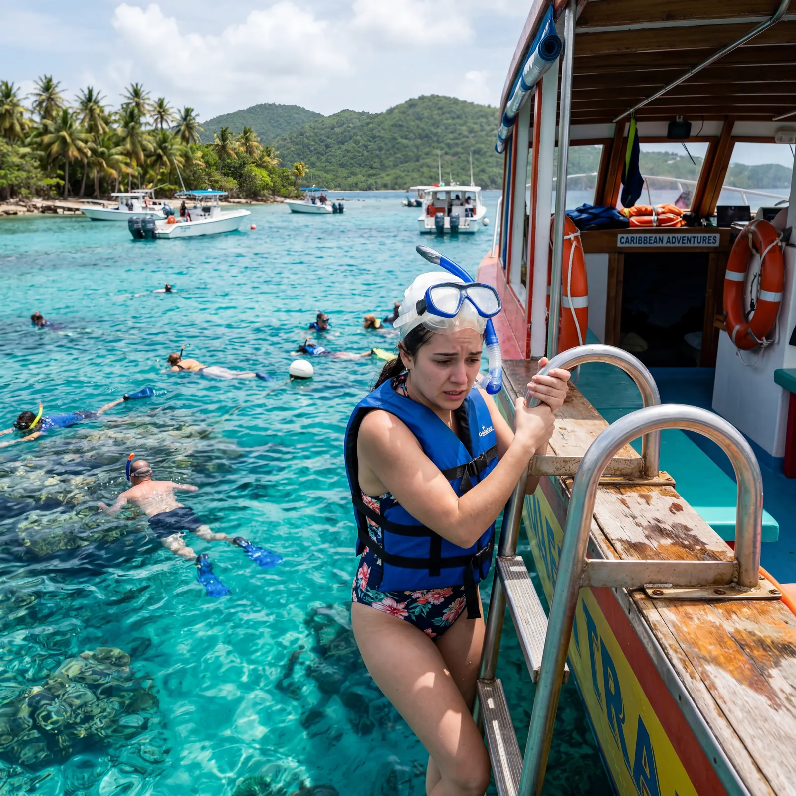 Nervous tourist clinging to the side of a boat at a snorkel site in the Caribbean, not in the water, looking anxious, clear turquoise water visible, editorial travel photography, photorealistic, no text, no watermark, 16:9