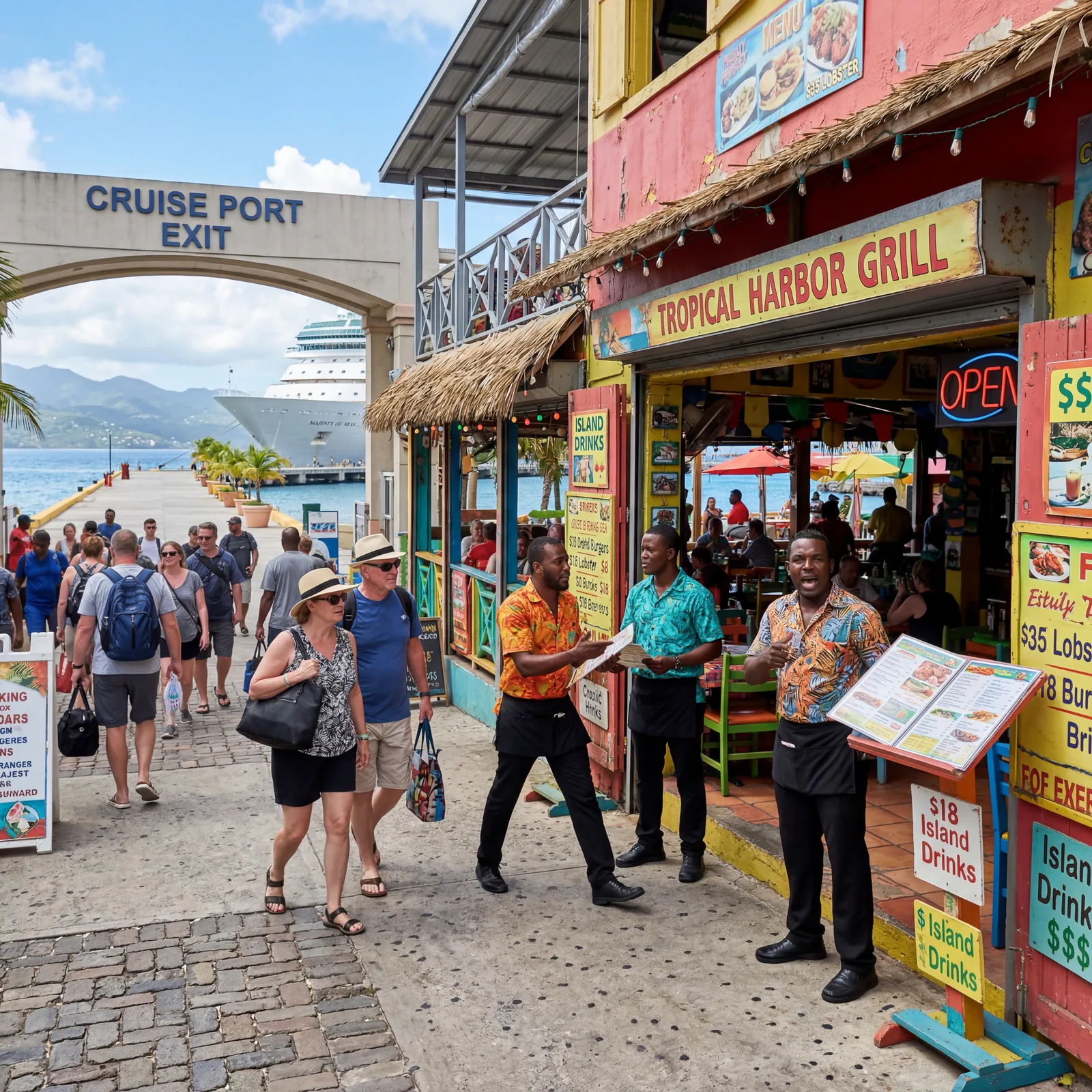 Overpriced tourist restaurant directly outside a Caribbean cruise port gate, aggressive waiters standing outside, bright signs, photorealistic, editorial travel photography, no text, no watermark, 16:9