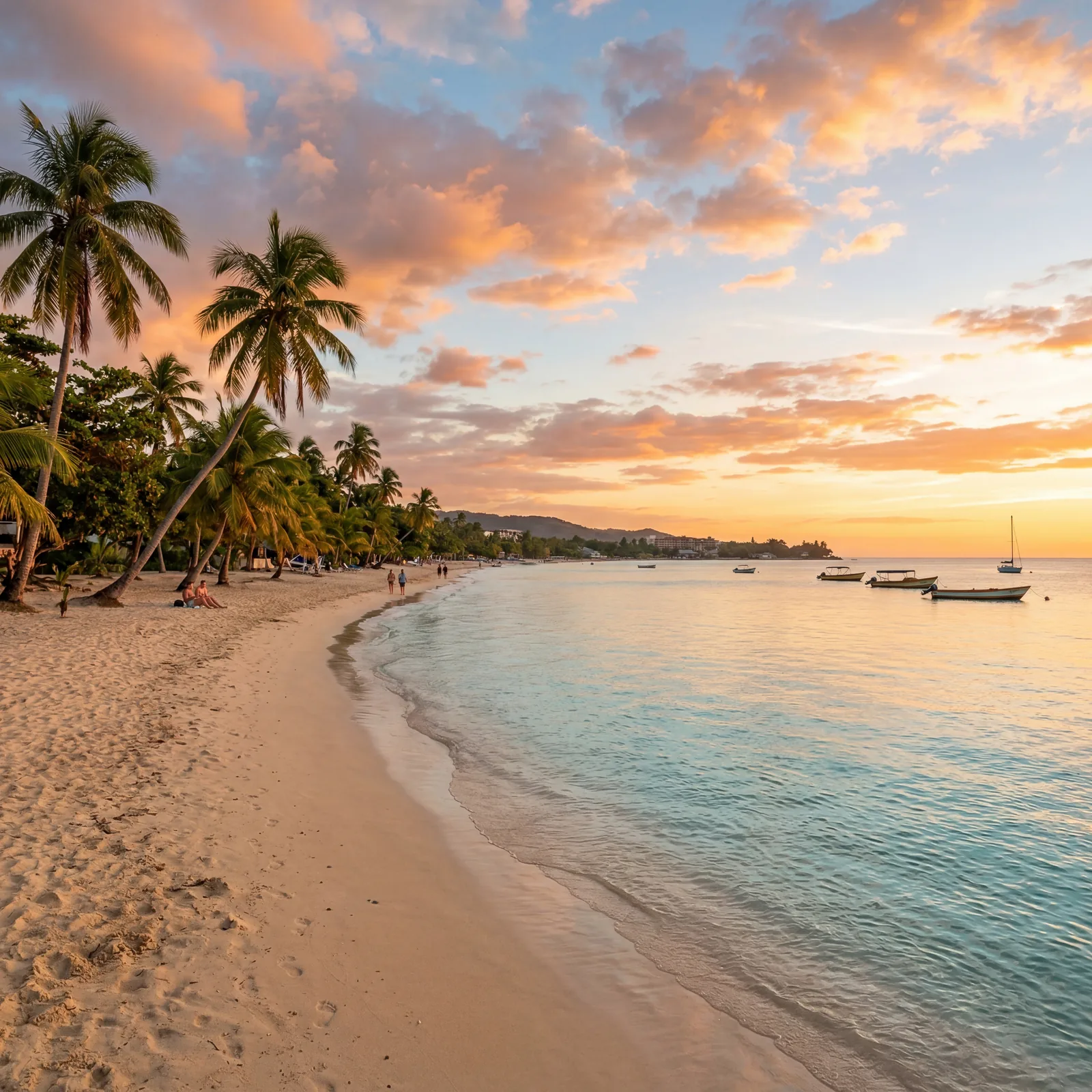 Seven Mile Beach Negril Jamaica at sunset, palm trees, calm water, uncrowded stretch of beach, photorealistic, no text, no watermark, 16:9