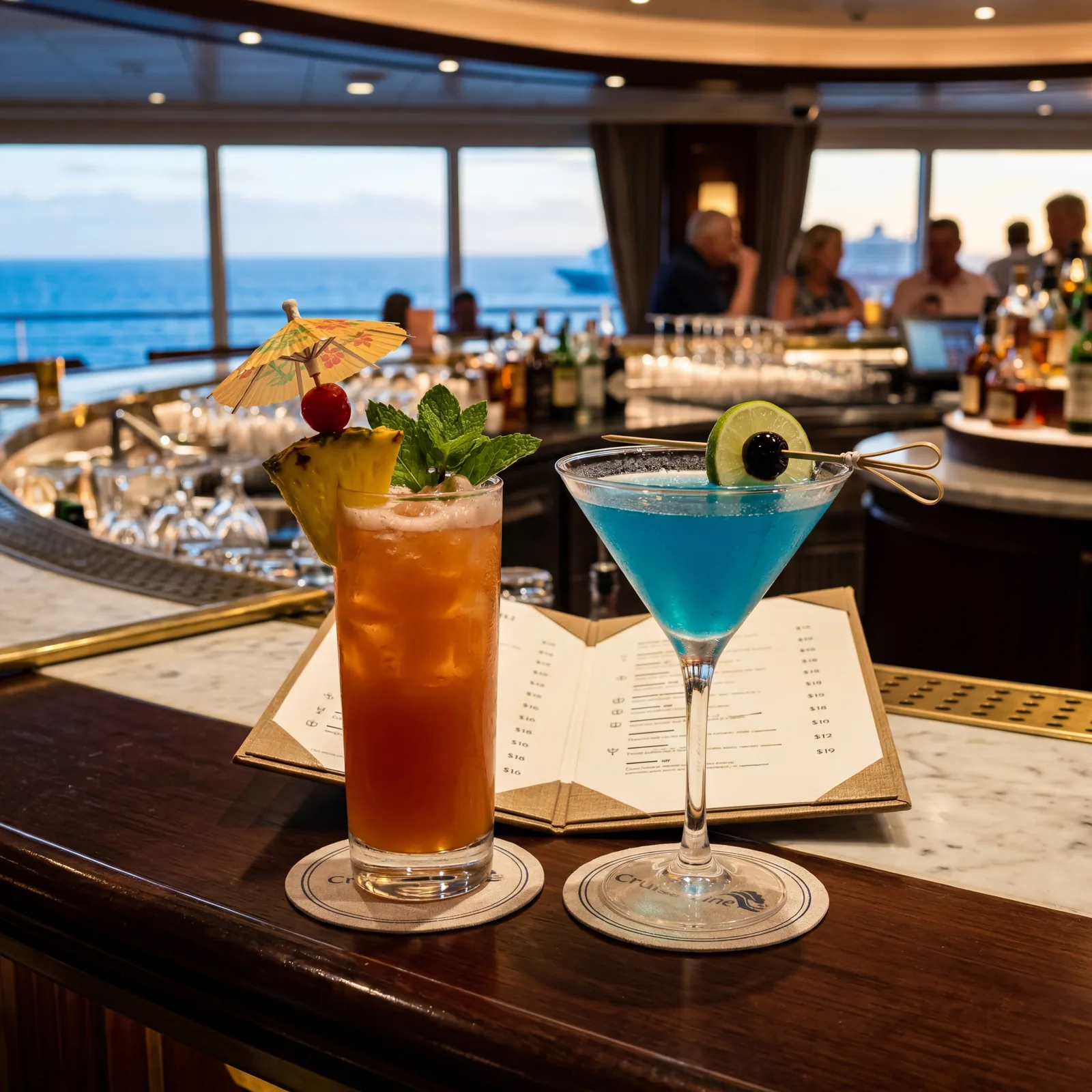 two cruise ship cocktails on a bar with menu showing drink prices, sharp editorial photography, no text, no watermark, 16:9