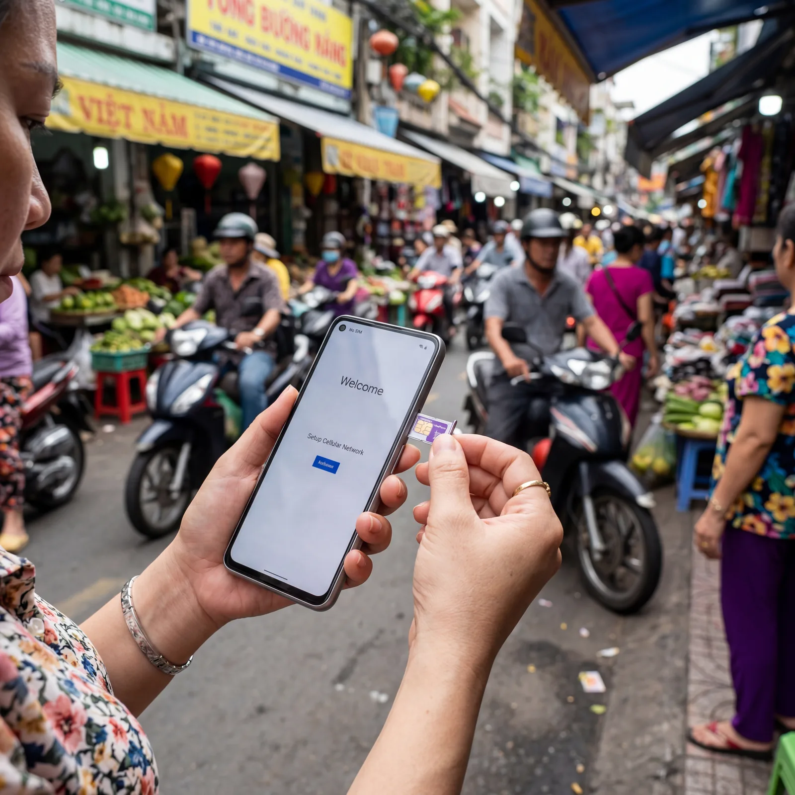 Unlocked smartphone with a local SIM card being inserted, busy Asian street market in the background, photorealistic, no text, no watermark, 16:9