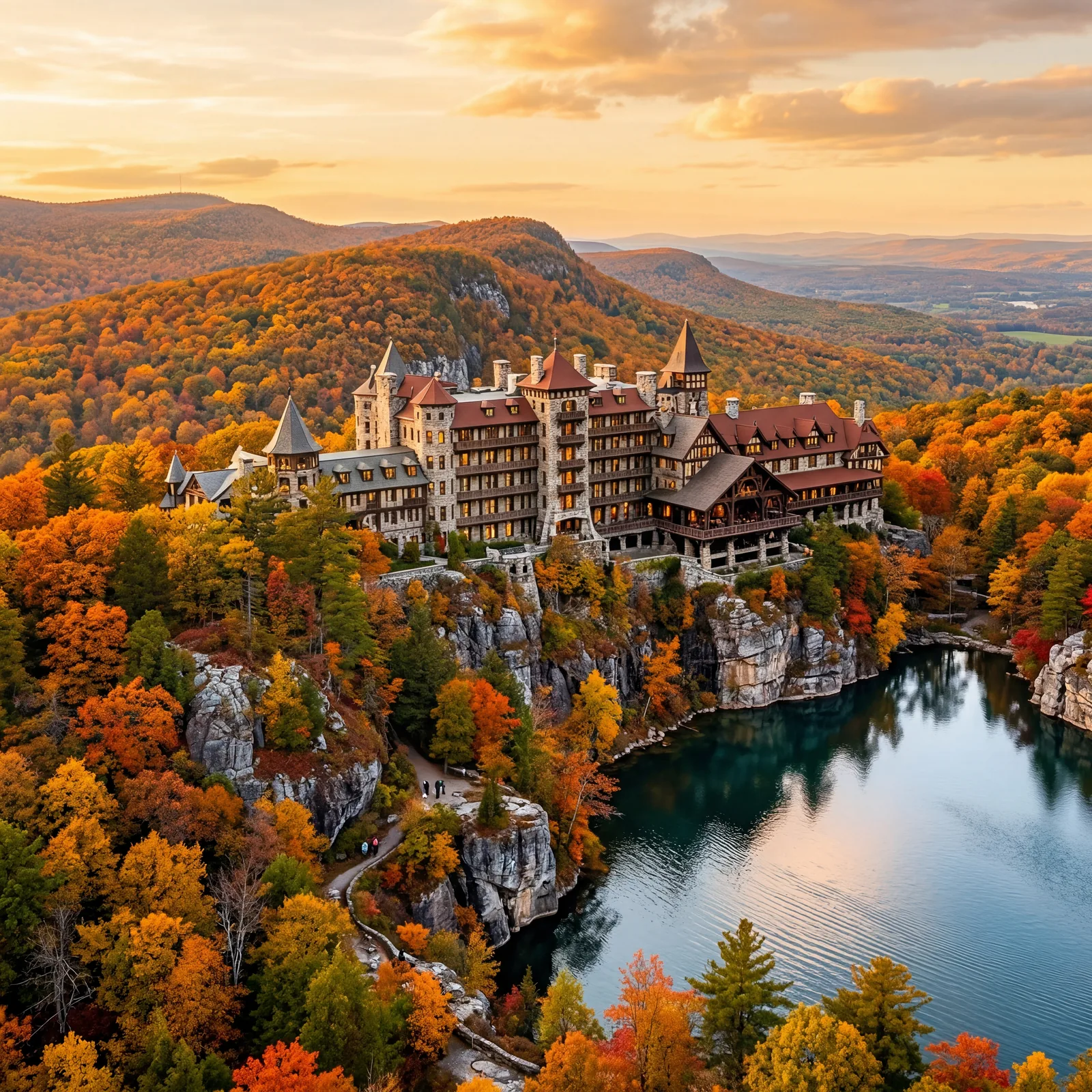 Victorian castle-like mountain resort hotel perched above a glacial lake in the Shawangunk Mountains New York, stone and wood facade, autumn foliage, warm editorial travel photography, golden hour, photorealistic, no text, no watermark, 16:9