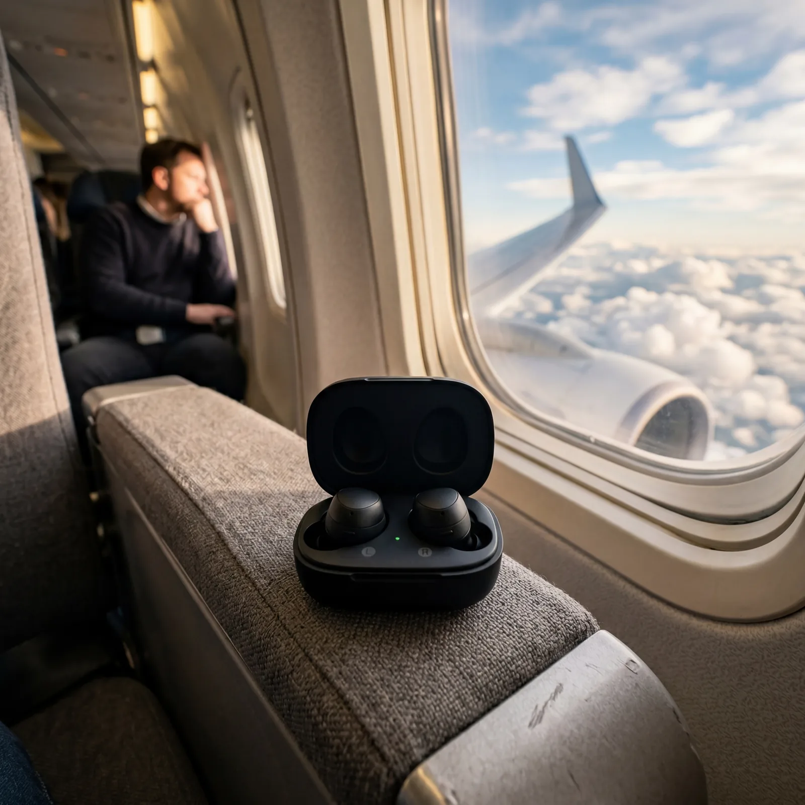 A pair of small wireless noise-canceling earbuds in their charging case resting on an airplane armrest, photorealistic, warm editorial travel photography, no text, no watermark, 16:9