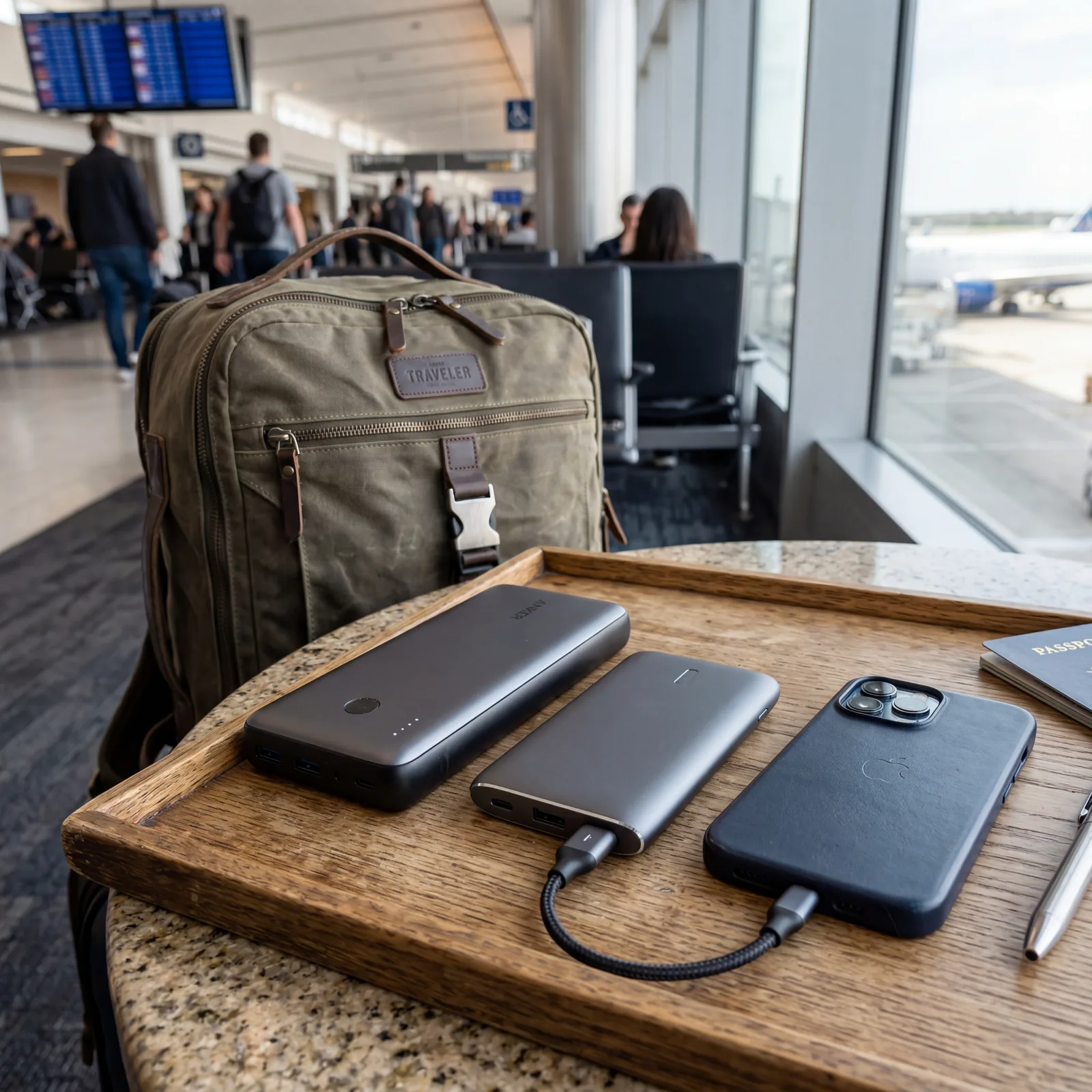 A small ultra-slim secondary power bank beside a main power bank and phone, traveler's carry-on bag visible, photorealistic, no text, no watermark, 16:9