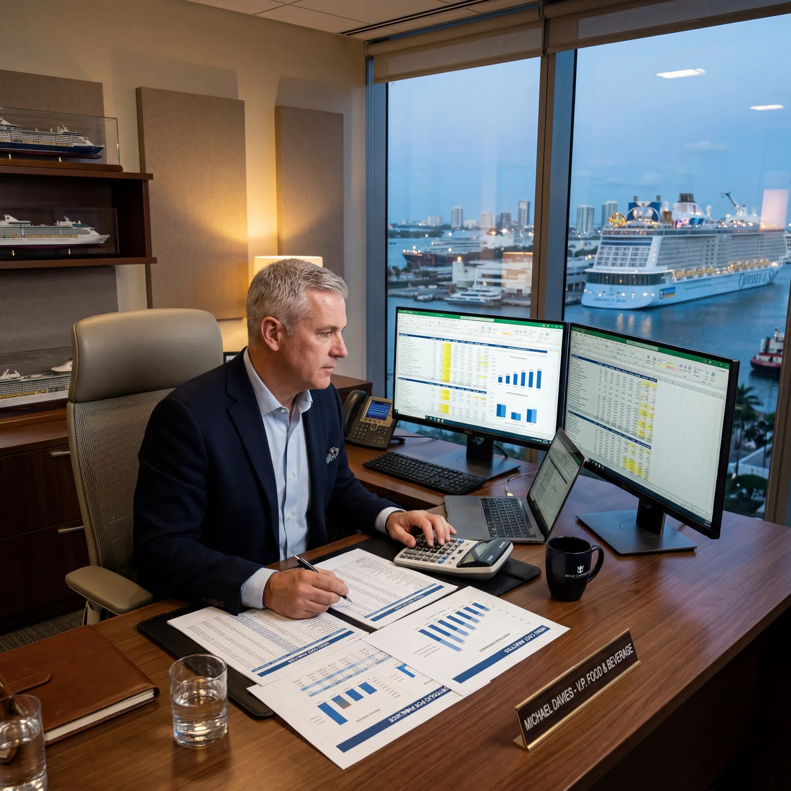 Cruise line food and beverage executive reviewing menu cost spreadsheets in a corporate office, photorealistic, cinematic, no text, no watermark, 16:9