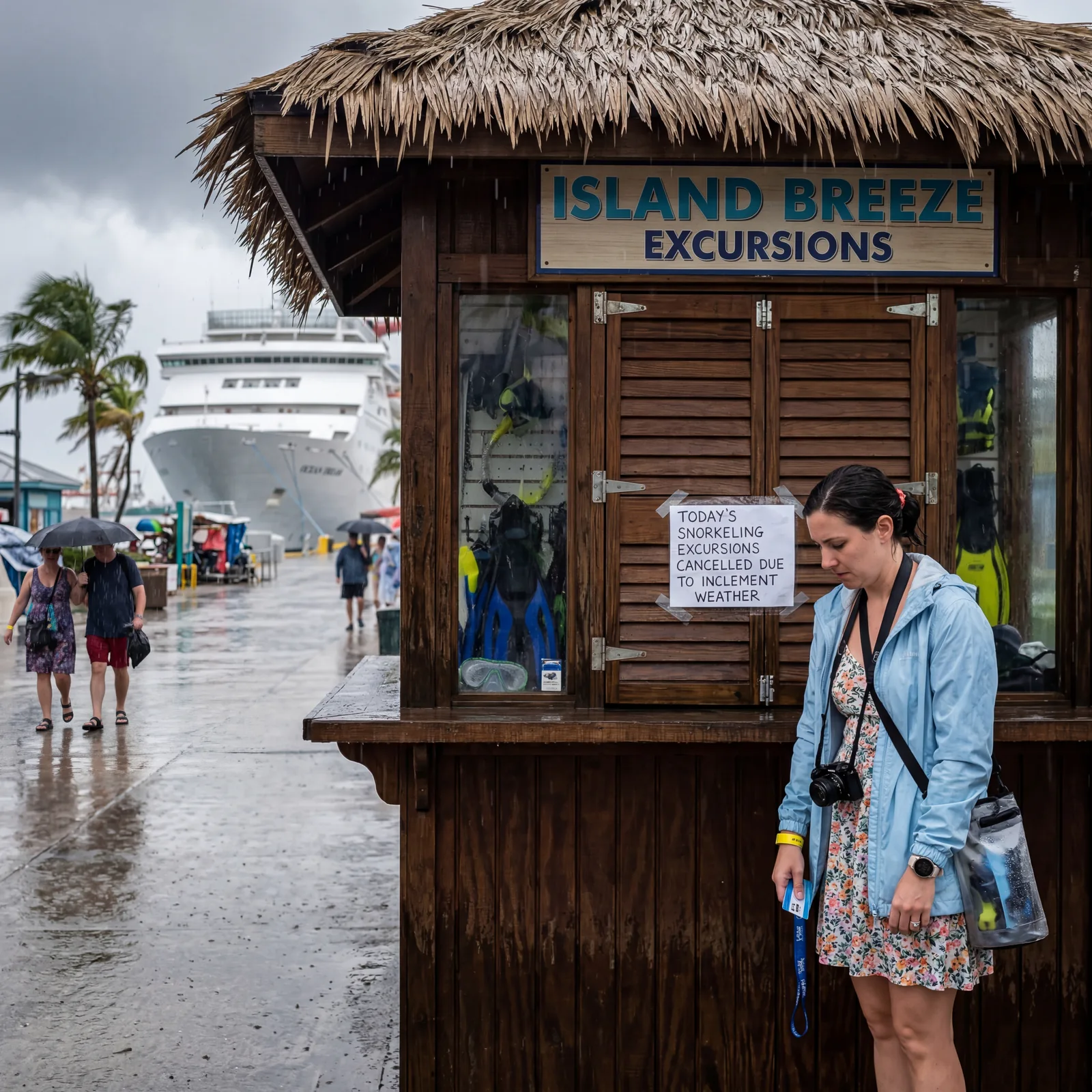 Disappointed cruise tourist standing at a closed snorkeling excursion counter at a Caribbean port due to weather cancellation, rain in background, photorealistic, editorial travel photography, no text, no watermark, 16:9