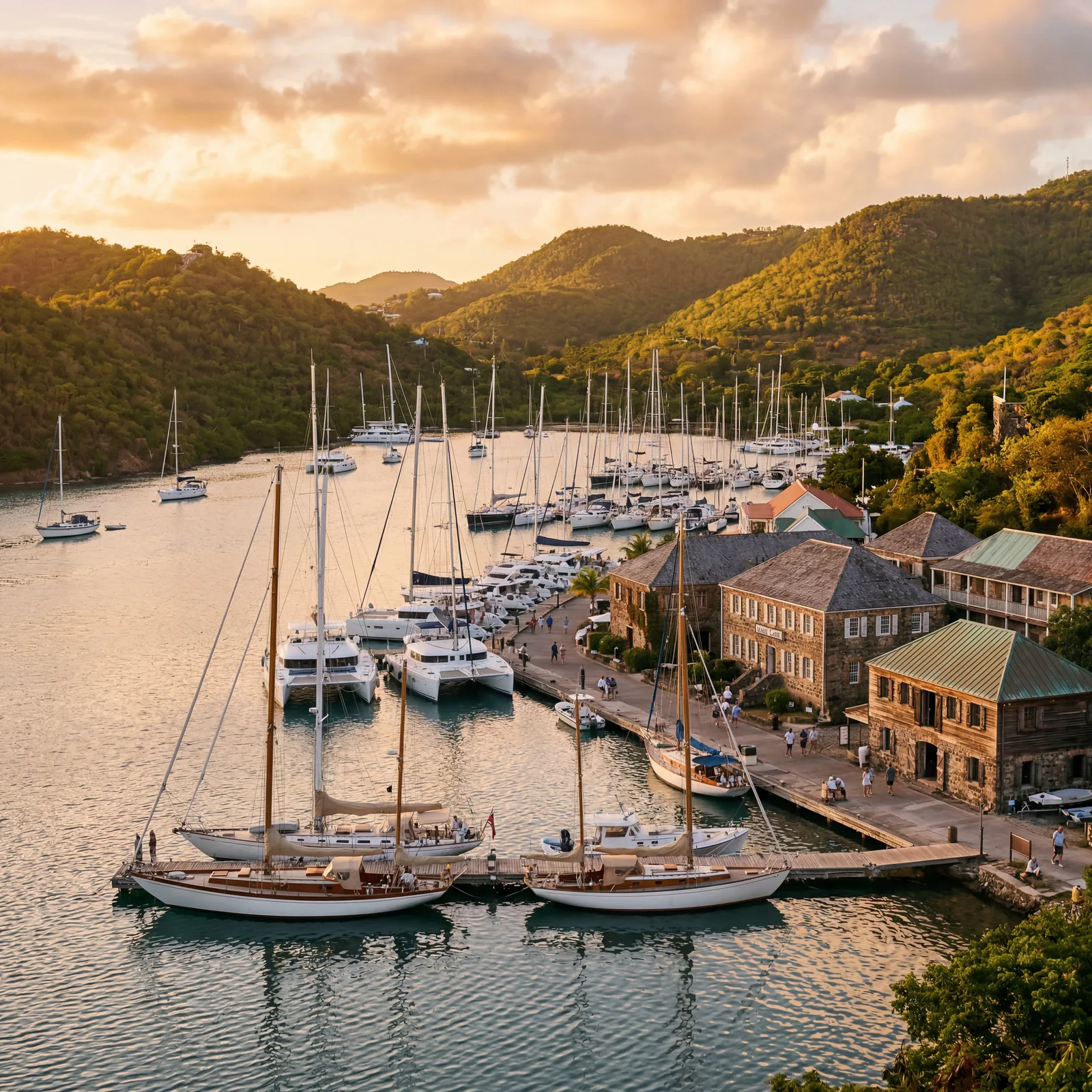 English Harbour Antigua with historic Nelson's Dockyard and sailing yachts, golden hour, photorealistic, warm editorial travel photography, no text, no watermark, 16:9